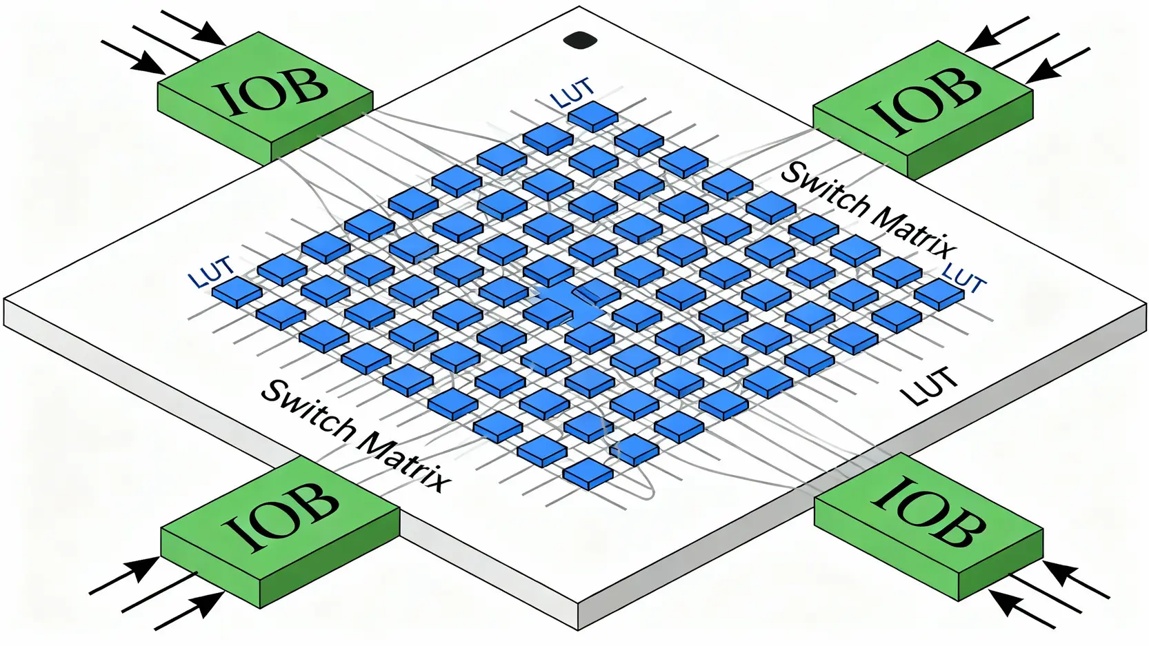 FPGA是什麼?一篇搞懂FPGA應用、優缺點與ASIC的終極比較 FPGA核心架構示意圖,展示了可程式化邏輯單元(LUT)、交換矩陣和輸出入單元(IOB)的關係。