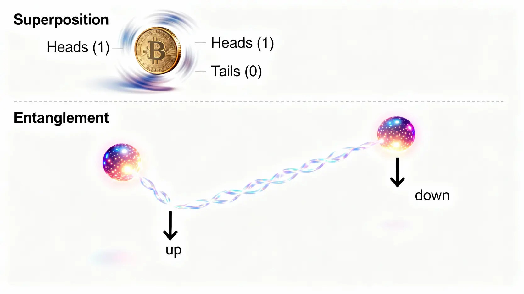 量子晶片是什麼?從原理到5大應用,一篇看懂次世代運算核心 一張示意圖解釋量子晶片的兩大原理:左邊是「疊加態」,用一枚旋轉的硬幣表示;右邊是「量子糾纏」,用兩個瞬間產生關聯的粒子表示。