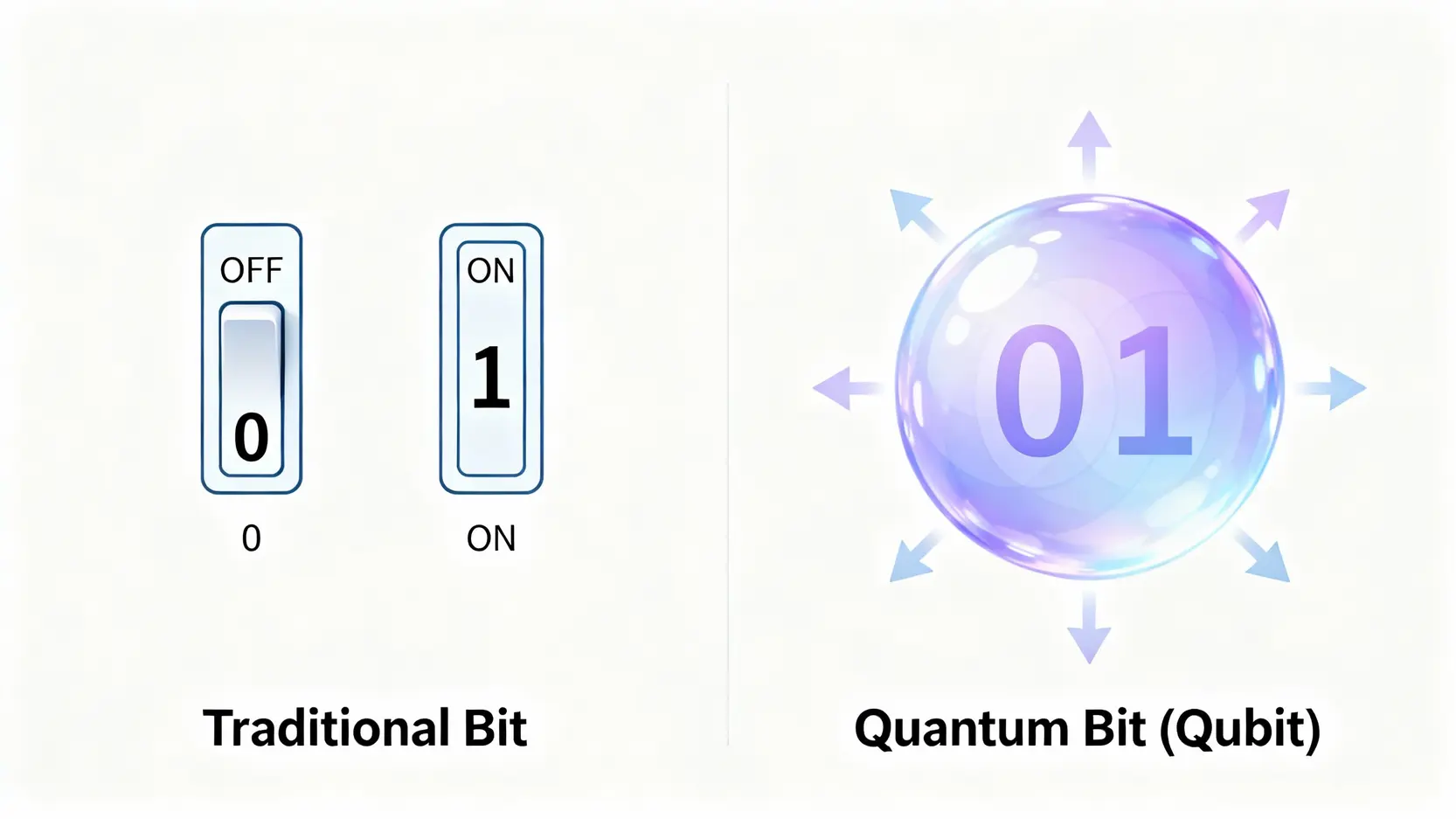 量子晶片是什麼?從原理到5大應用,一篇看懂次世代運算核心 一張對比圖,左邊是傳統位元,顯示為明確的0或1開關;右邊是量子位元,顯示為一個同時包含0和1可能性的疊加態光球。