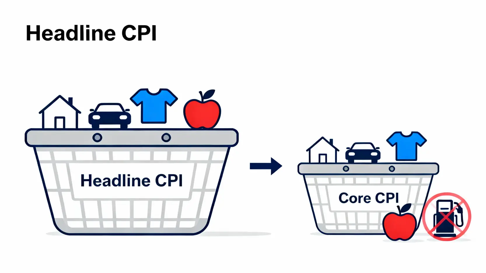 美國CPI懶人包:一篇搞懂通膨數據、公佈時間與對市場的影響 一張圖解釋核心CPI與整體CPI的區別,顯示核心CPI排除了食品與能源項目。
