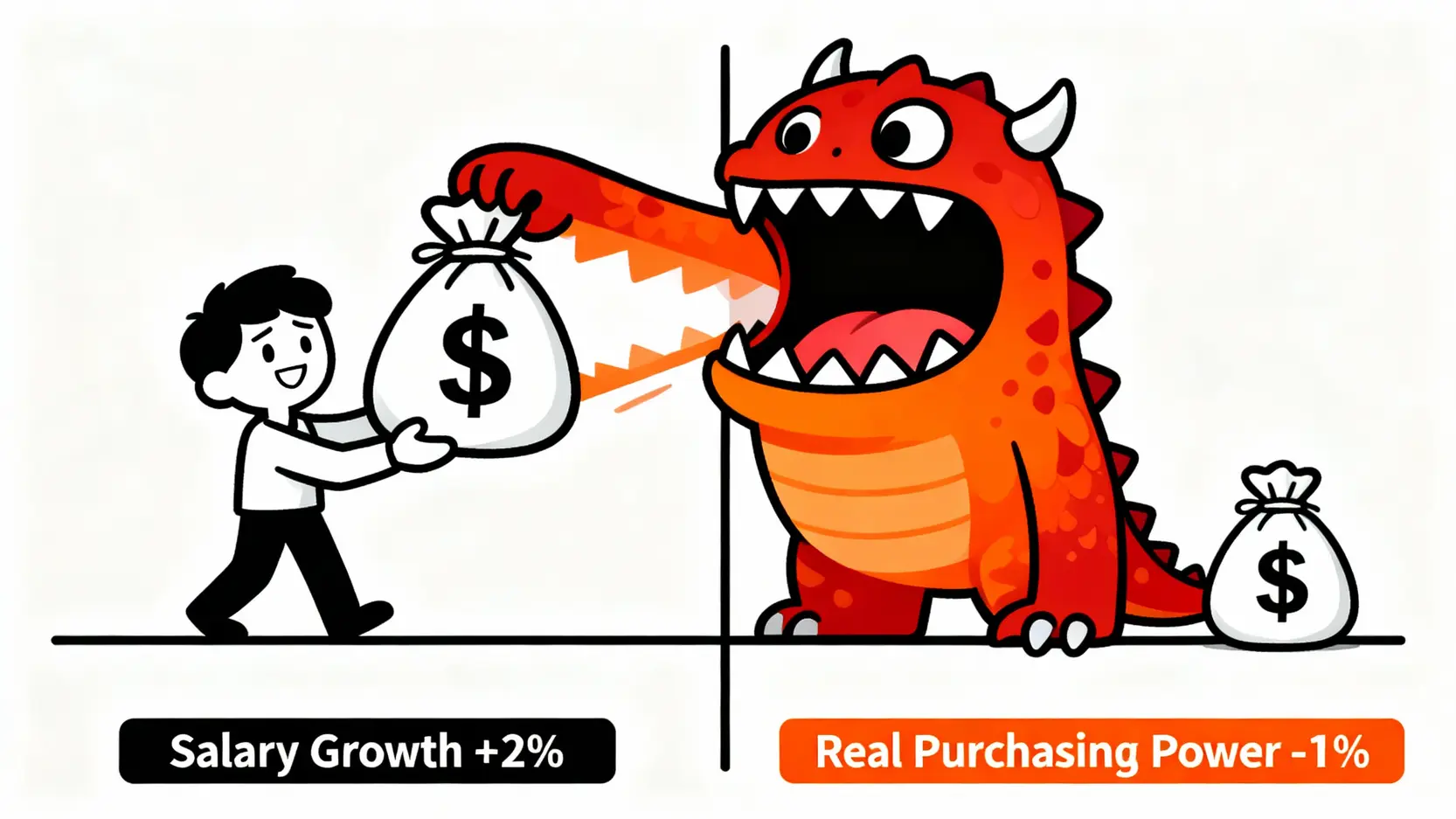 CPI意思是什麼?一篇搞懂消費者物價指數與通貨膨脹的關係 通膨侵蝕薪資的示意圖,顯示當薪資漲幅小於通膨率時,實質購買力反而下降。
