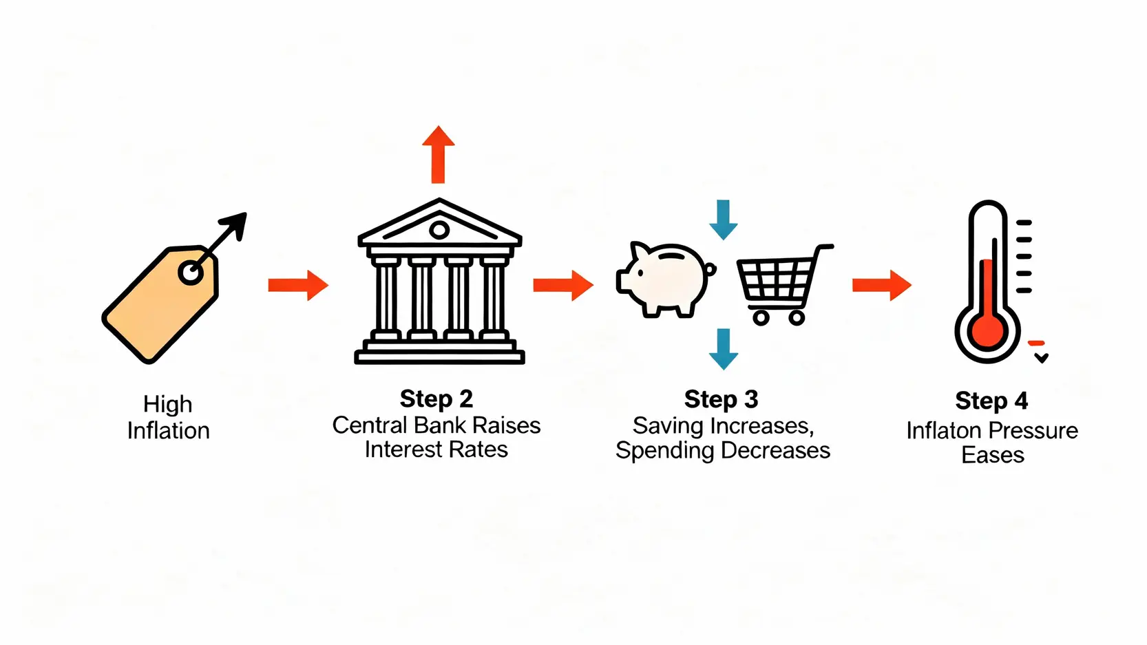 CPI意思是什麼?一篇搞懂消費者物價指數與通貨膨脹的關係 央行升息對抗通膨的流程圖,從高通膨到升息,再到經濟降溫的過程。