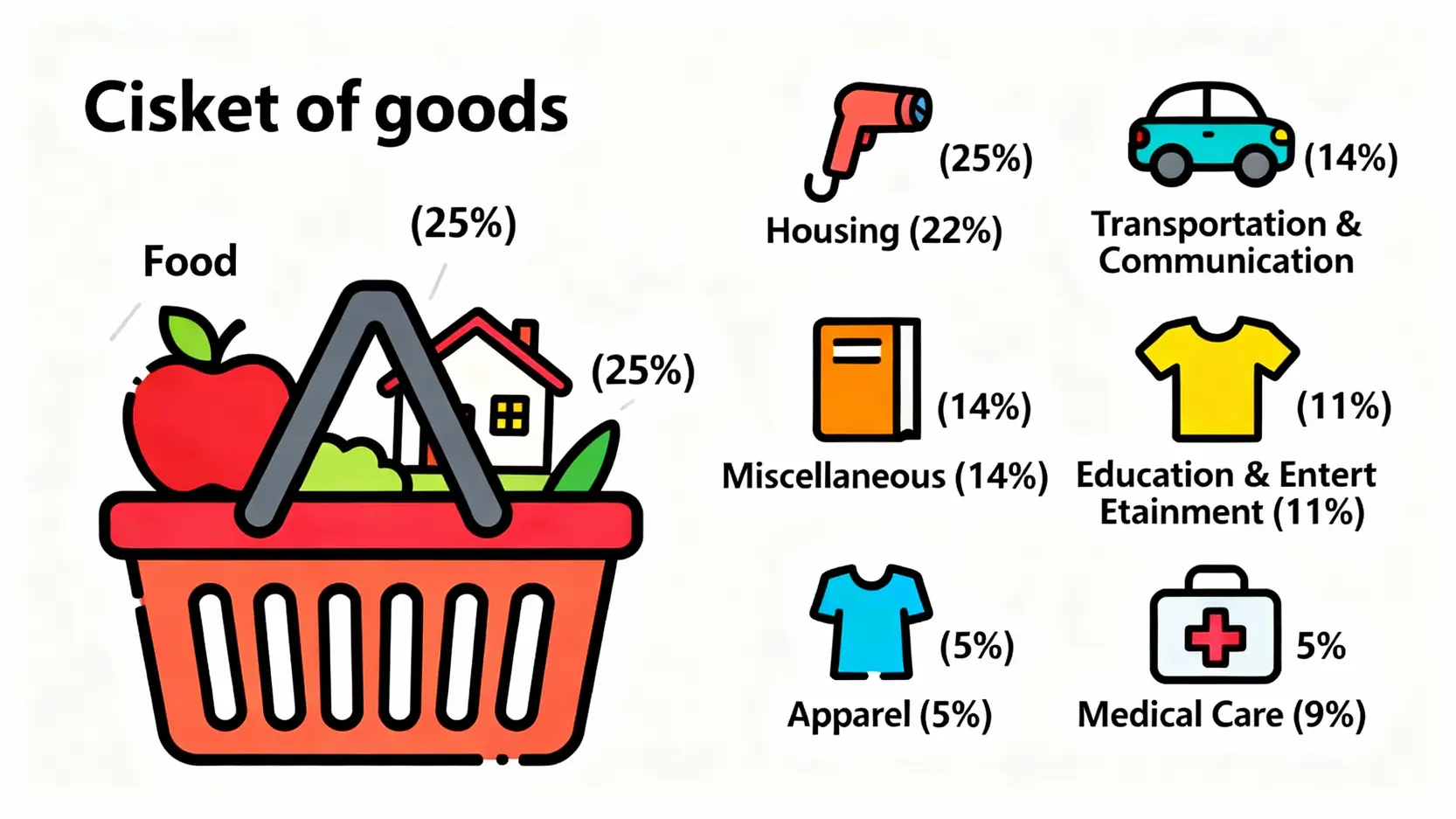 CPI意思是什麼?一篇搞懂消費者物價指數與通貨膨脹的關係 消費者物價指數CPI的一籃子商品概念圖,包含食物、居住、交通等七大類消費項目及其權重。