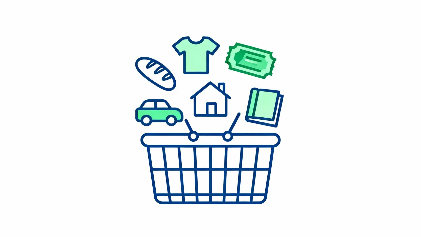 通貨膨脹率計算教學:一次搞懂CPI計算公式與消費者物價指數查詢 消費者物價指數CPI的概念圖,一個購物籃裡裝著代表食衣住行育樂等各種商品的圖標。