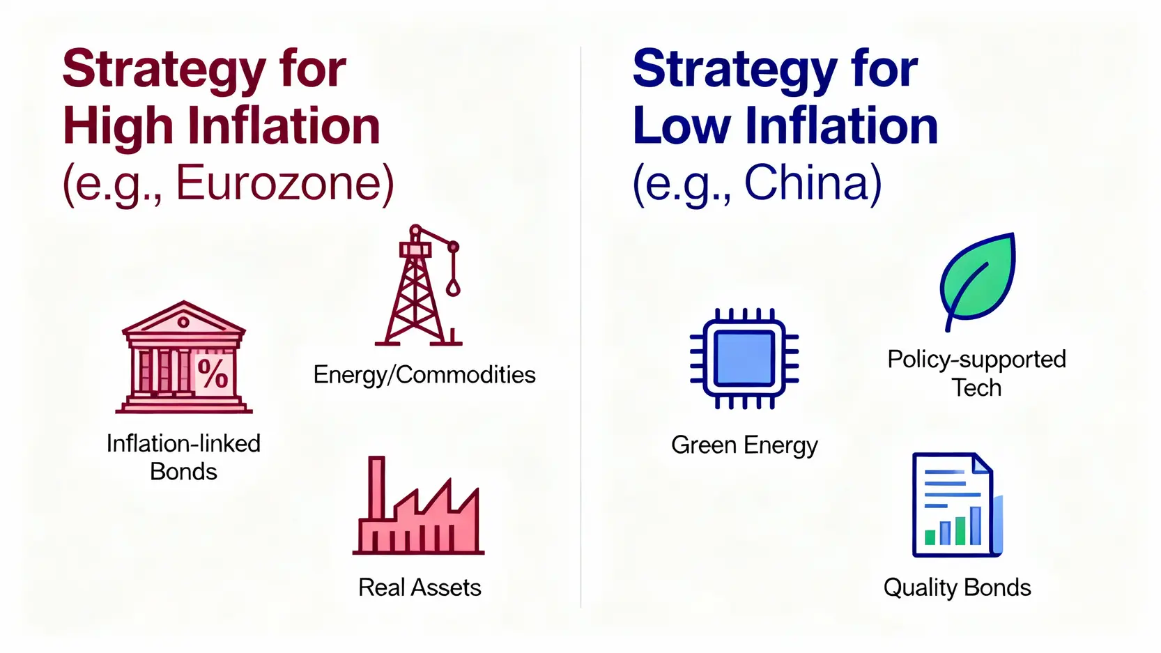 全球通膨率比較:中國CPI vs. 歐元區CPI,為何走向兩極?2025投資啟示 通膨分化下的資產配置策略圖,建議在高通膨的歐元區配置抗通膨債券與實質資產,在低通膨的中國配置政策支持產業與優質債券。