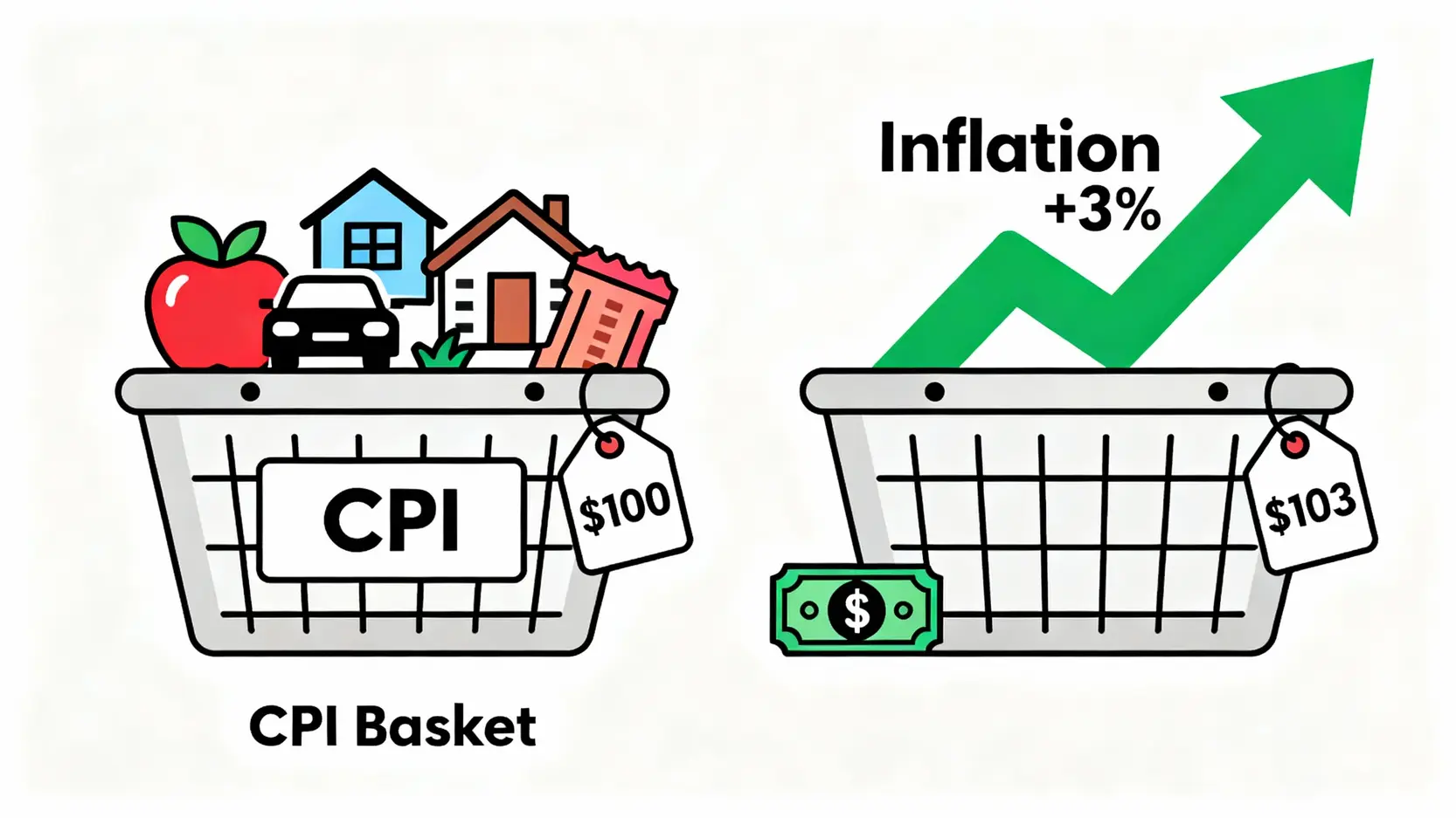 全球通膨率比較:中國CPI vs. 歐元區CPI,為何走向兩極?2025投資啟示 消費者物價指數CPI概念圖,展示一個商品籃子從100元漲到103元,說明通膨導致購買力下降。