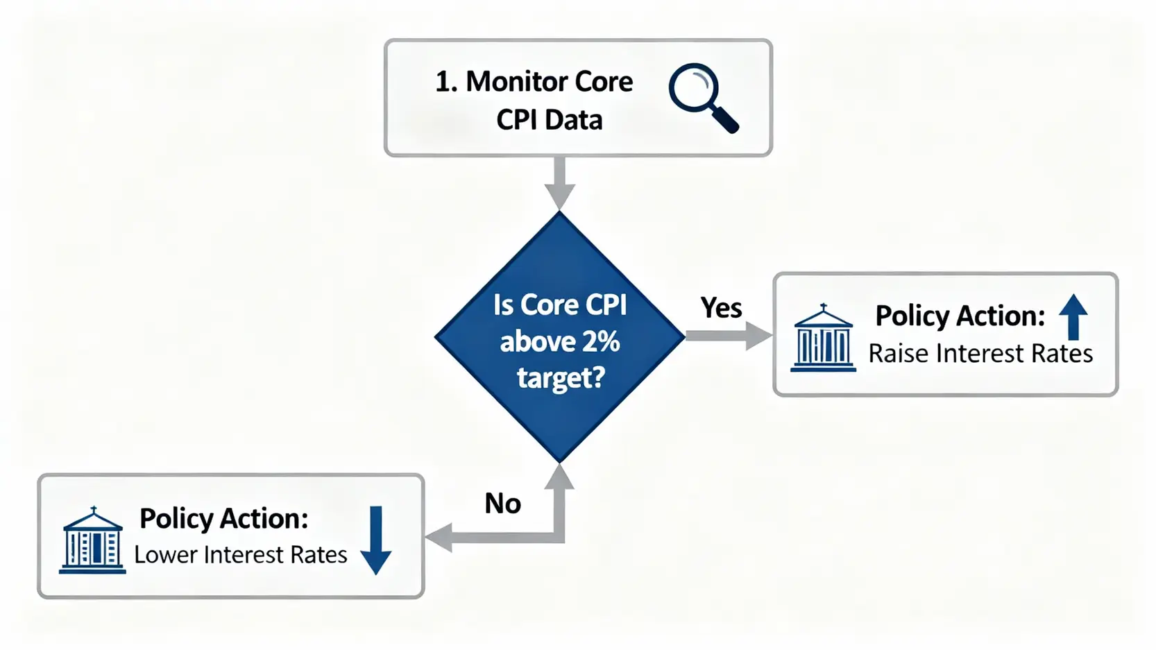 核心CPI是什麼?5分鐘搞懂核心CPI與CPI的差異,看懂聯準會的通膨標準 央行根據核心CPI數據決定升息或降息的決策流程圖。