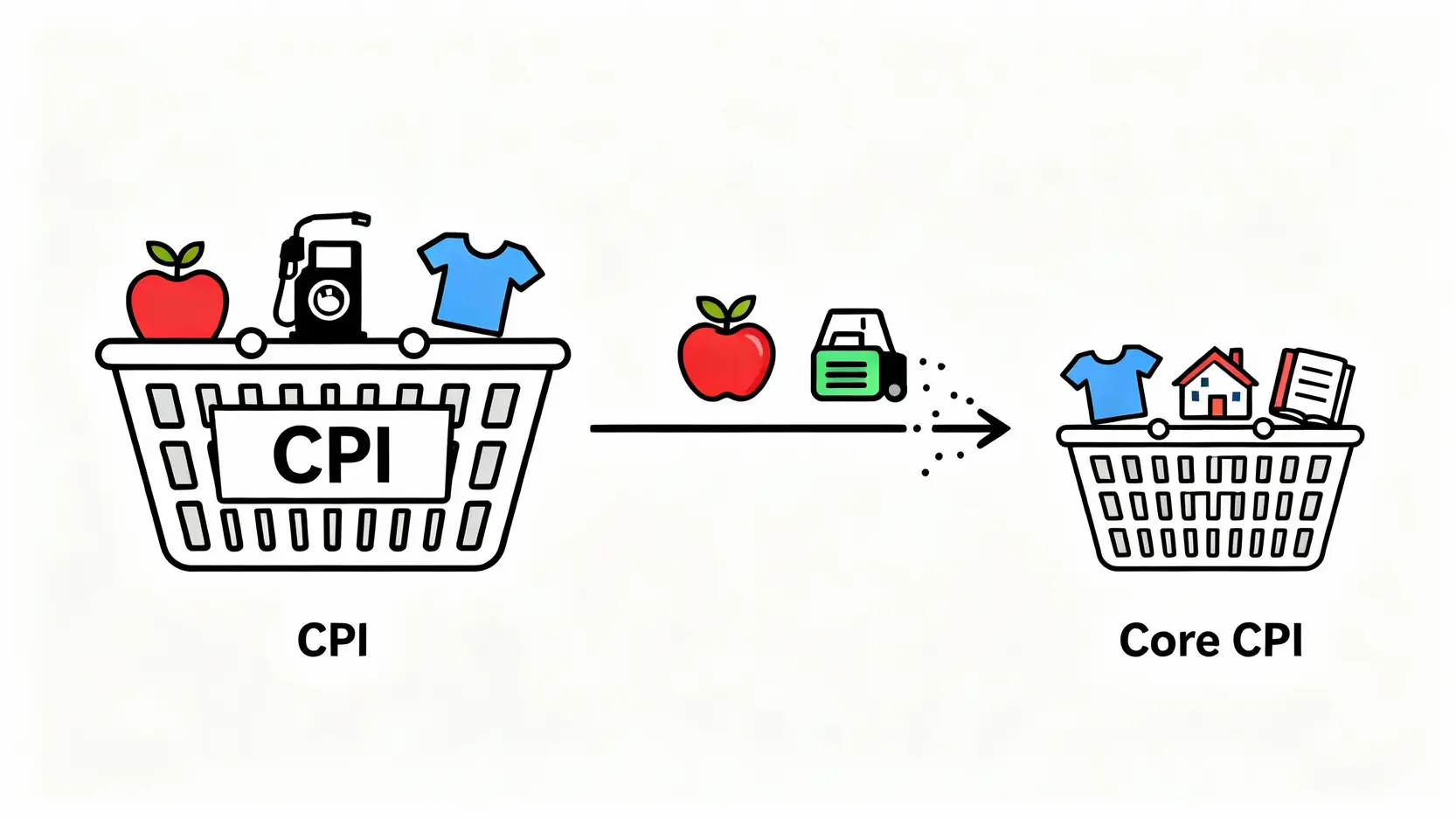 核心CPI是什麼?5分鐘搞懂核心CPI與CPI的差異,看懂聯準會的通膨標準 CPI與核心CPI的差異圖,顯示核心CPI是從CPI消費籃子中排除了食物與能源項目後得出的。