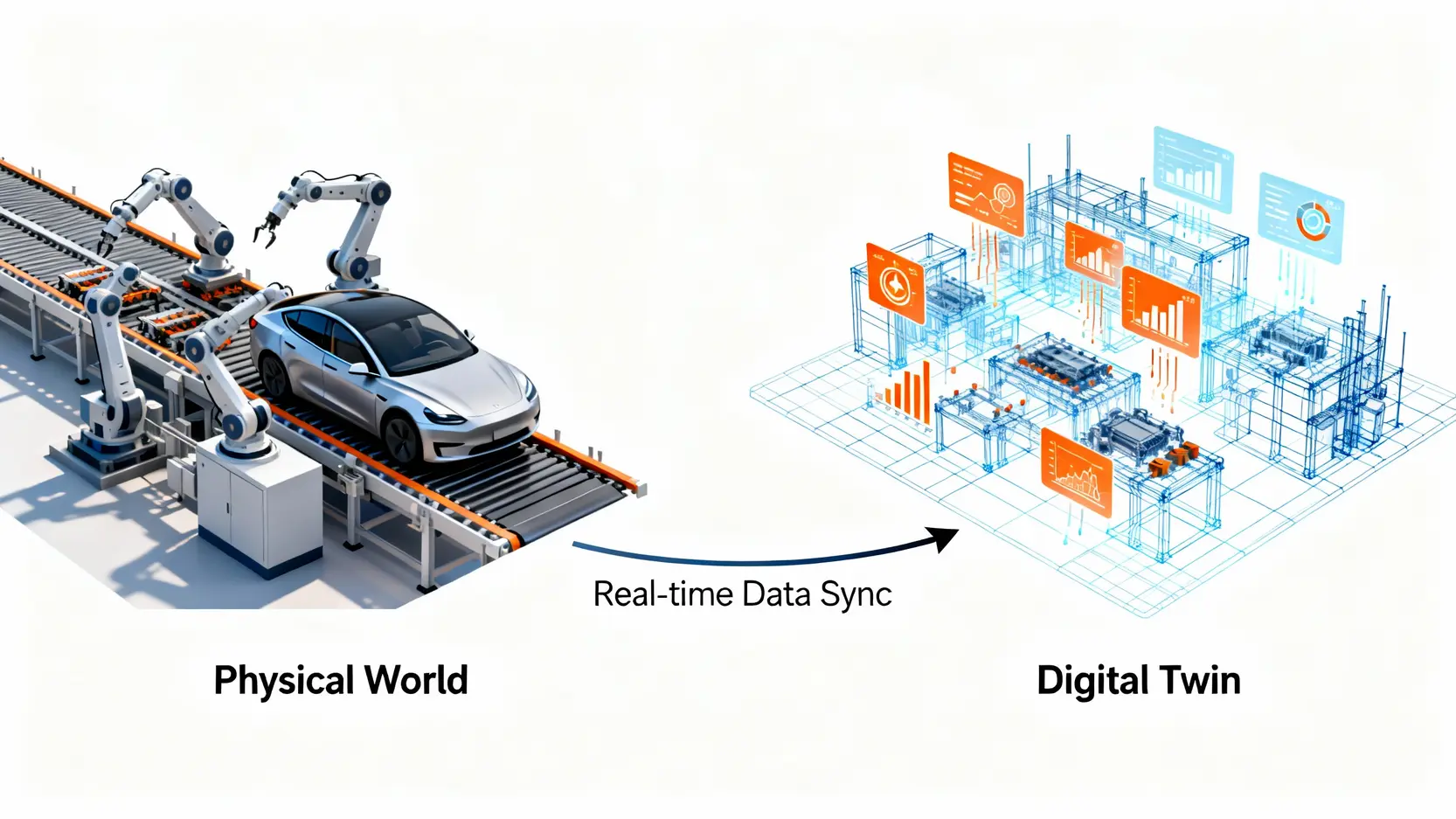 元宇宙商機全面解析:2026年最新應用趨勢與未來發展潛力 數位孿生技術示意圖,展示實體工廠與其在虛擬世界中同步的數位模型。