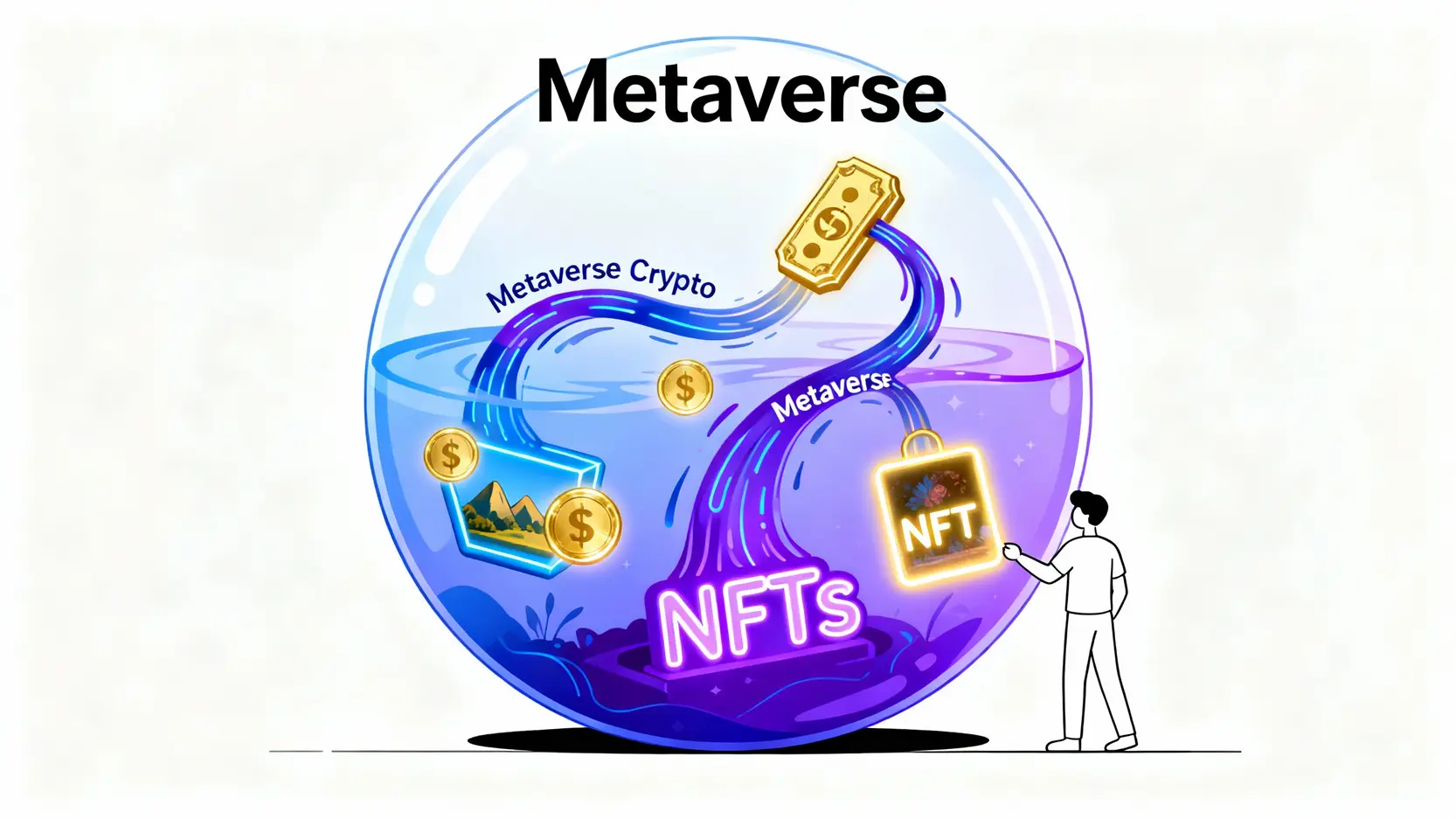 【2026 最新】元宇宙加密貨幣怎麼買?10 大潛力元宇宙遊戲幣與NFT 項目推薦 一張圖說明元宇宙經濟體系,展示元宇宙、加密貨幣和NFT三者之間的互動關係。