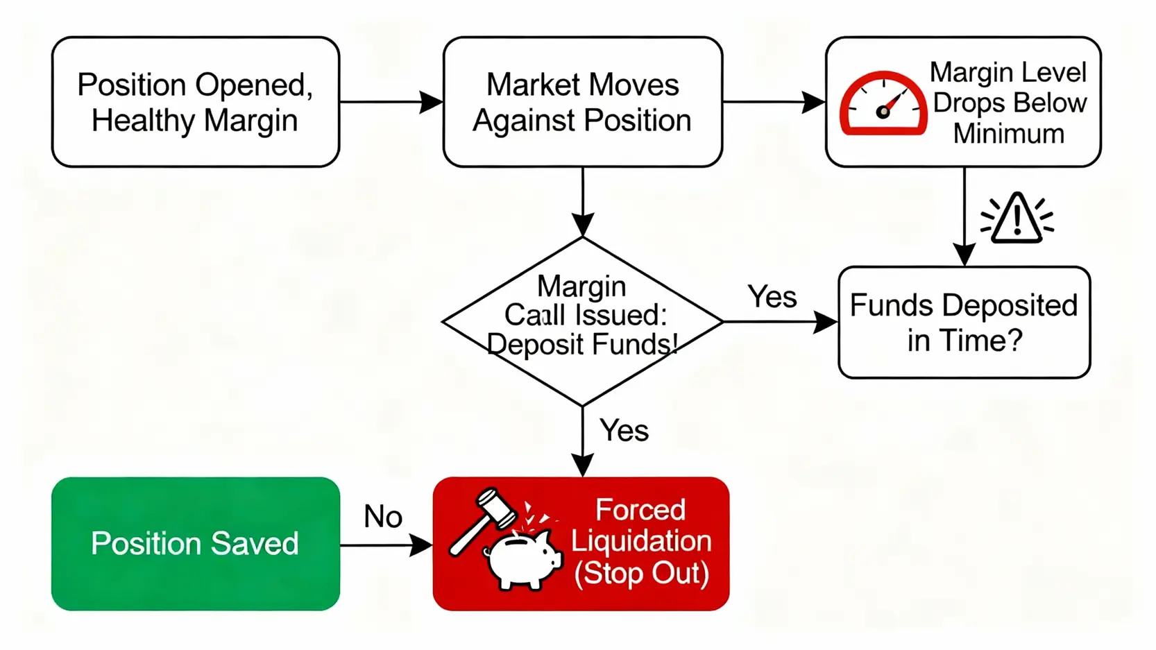 槓桿交易是什麼?新手入門教學,一篇看懂風險與獲利技巧 一張流程圖解釋什麼是保證金追繳與強制平倉,從市場虧損到最終部位被清算的過程。