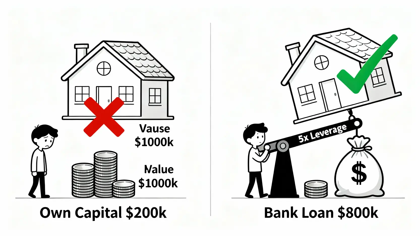 槓桿交易是什麼?新手入門教學,一篇看懂風險與獲利技巧 槓桿交易原理的生活比喻,顯示如何用少量自有資金加上銀行貸款來購買高價值的房子。