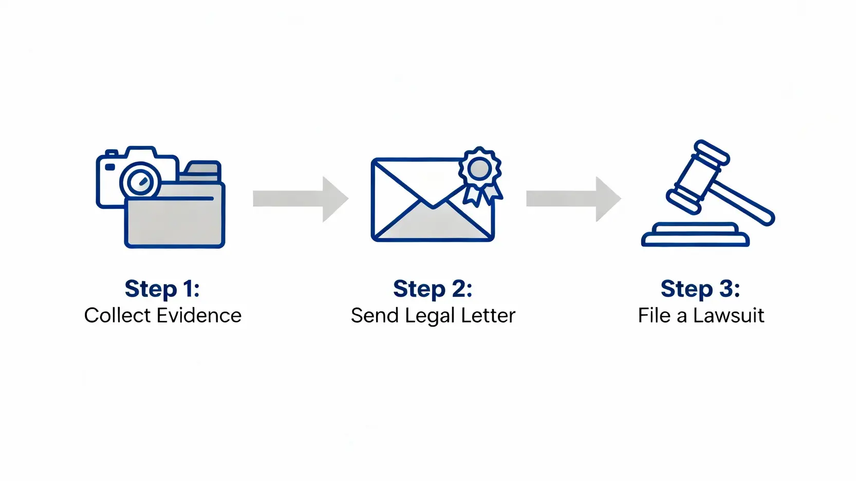 肖像權是什麼?2026最新定義、範圍與侵權自保策略懶人包 侵害肖像權應對三步驟流程圖:蒐證、寄發存證信函、提起民事訴訟。