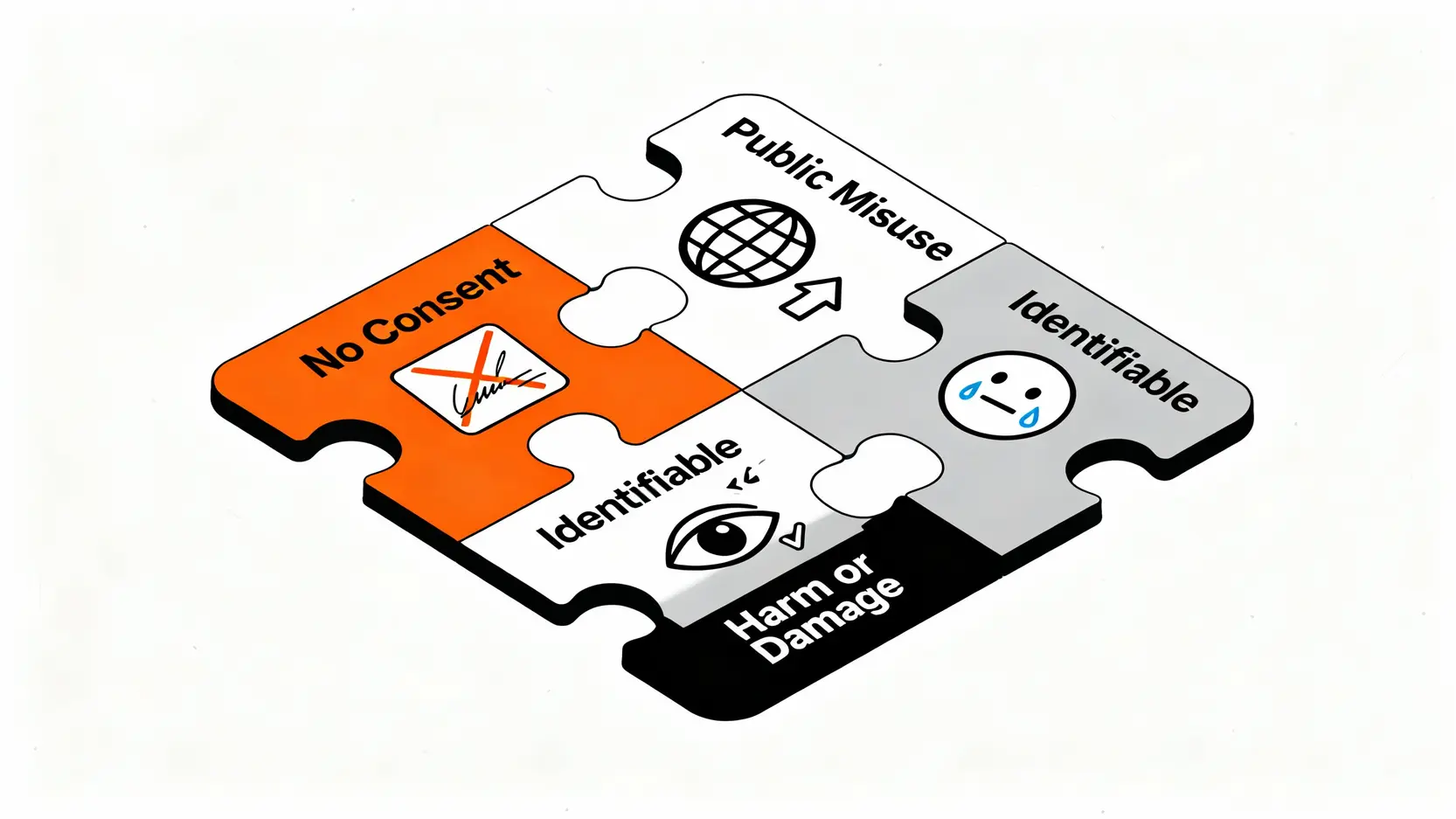 【肖像權完整指南】未經同意拍照就違法?律師詳解4大構成要件與自保之道 侵犯肖像權的四大構成要件圖示,包含未經同意、濫用公開、可識別性、造成損害。