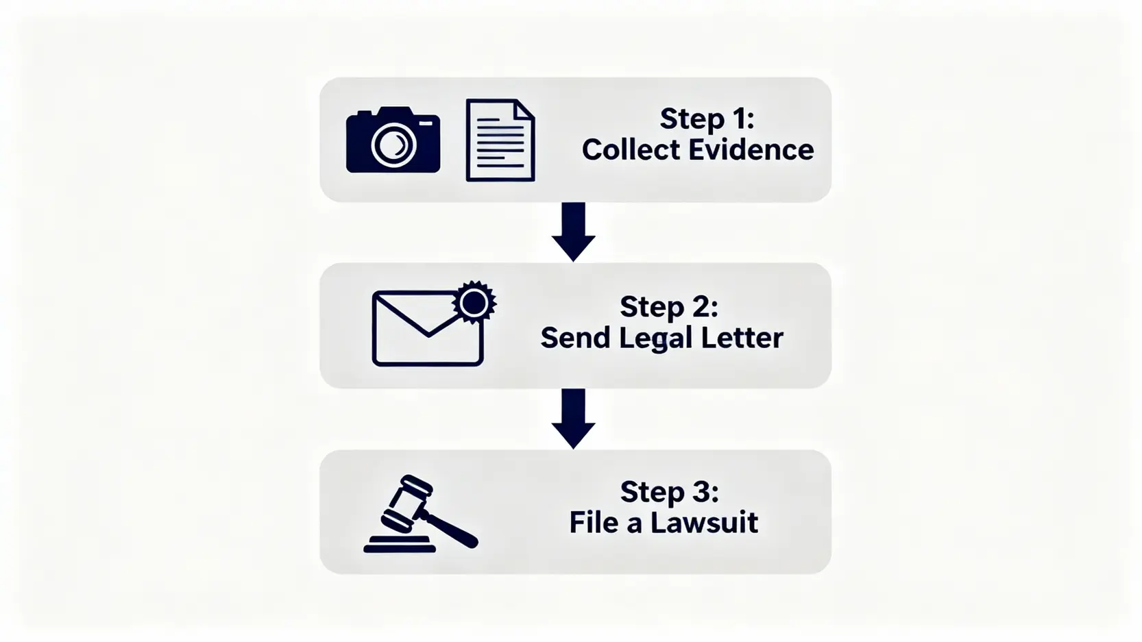 【肖像權完整指南】未經同意拍照就違法?律師詳解4大構成要件與自保之道 肖像權被侵犯時的自保流程圖,包含蒐證、寄發存證信函、提起民事訴訟三個步驟。