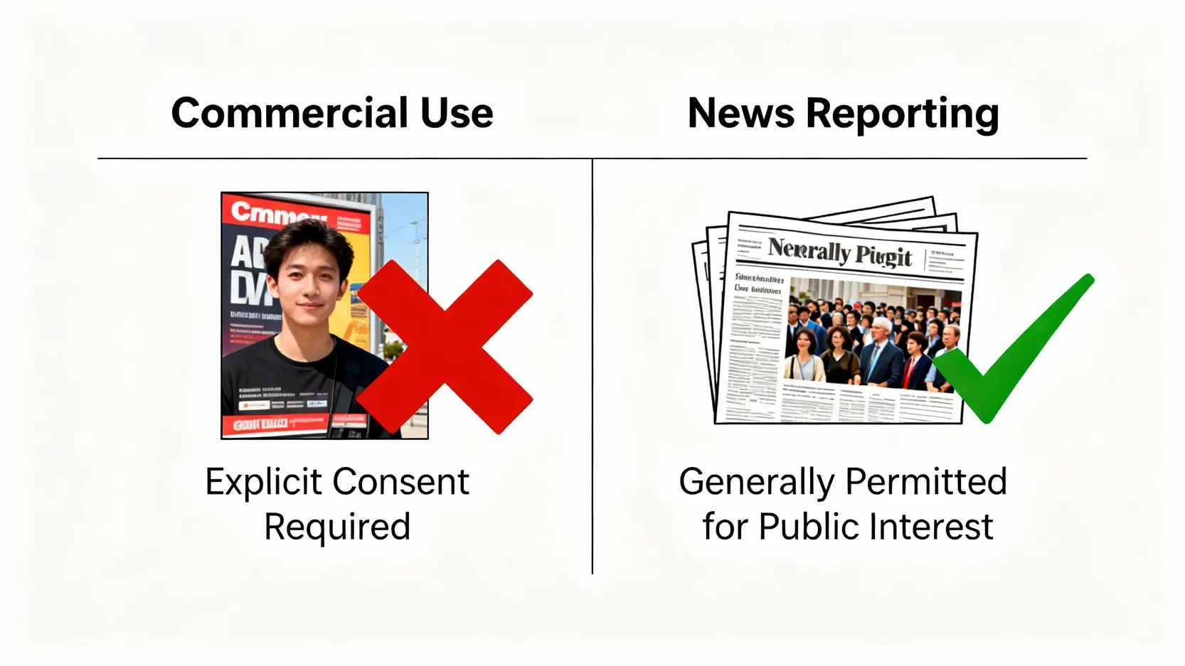 香港肖像權指南:一文看懂法律條例、侵權定義與自保教學 商業用途與新聞報導中肖像權使用的對比圖,顯示商業用途需明確同意,而新聞報導在公共利益下通常被允許。