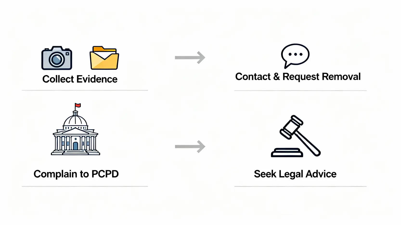 香港肖像權指南:一文看懂法律條例、侵權定義與自保教學 肖像權被侵犯時的四個應對步驟流程圖:搜集證據、聯絡對方、向私隱專員公署投訴、尋求法律意見。