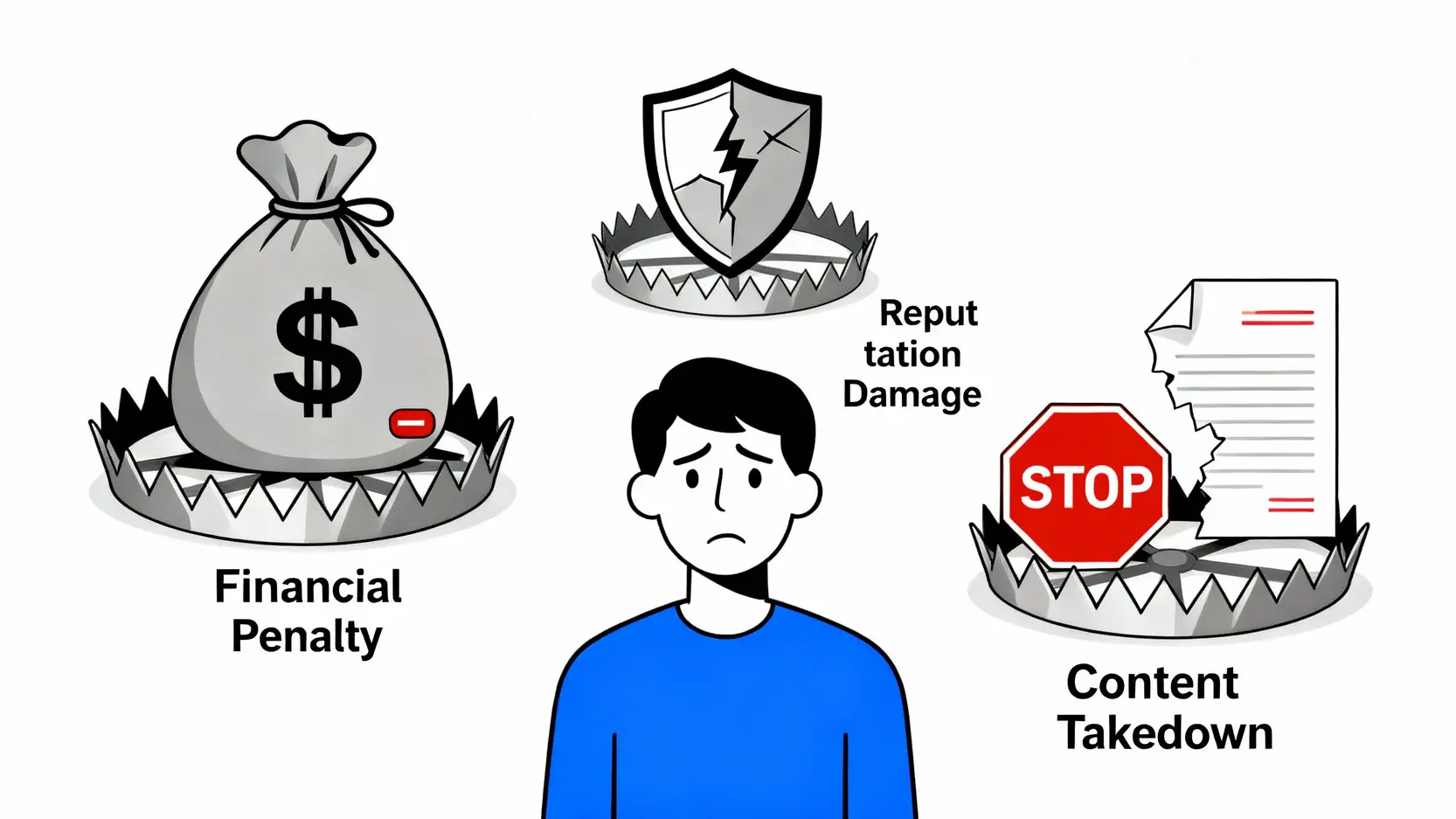 【肖像權授權懶人包】肖像權同意書怎麼簽?搞懂使用範圍一篇就夠! 未簽署肖像權同意書的三大風險示意圖,包括金錢賠償、信譽損害與作品下架。