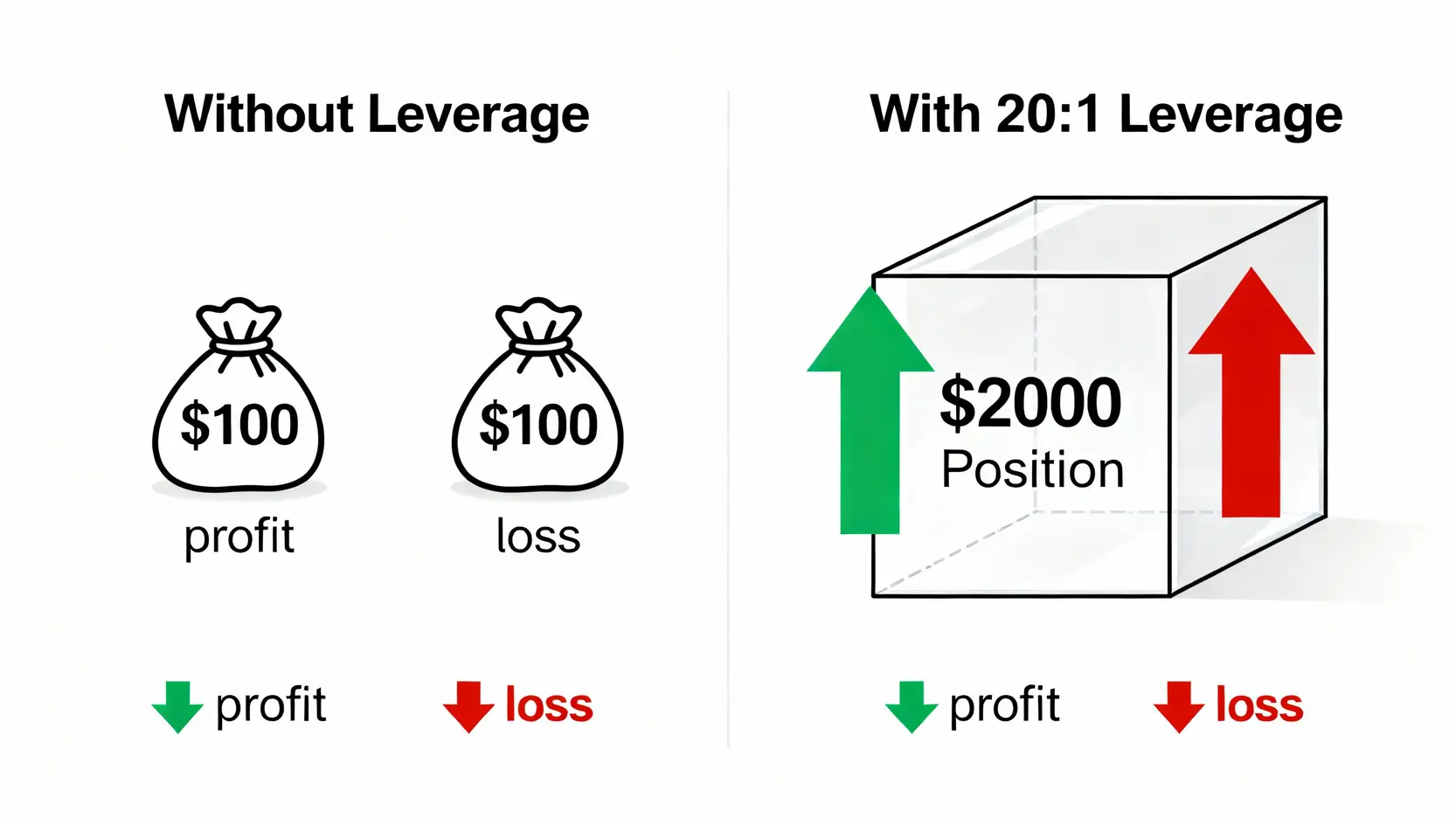 CFD交易入門完整指南:最新CFD教學,5步驟搞懂如何交易! 槓桿交易的雙面刃示意圖,比較有使用槓桿和未使用槓桿時,獲利與虧損的放大效果。
