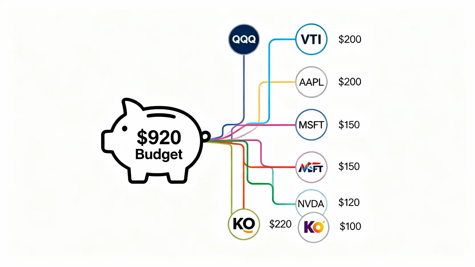 美股一股多少錢?秒懂最小交易單位、零股交易與成本 利用碎股分散風險示意圖,展示如何將一筆資金投資到多支不同的股票和ETF。