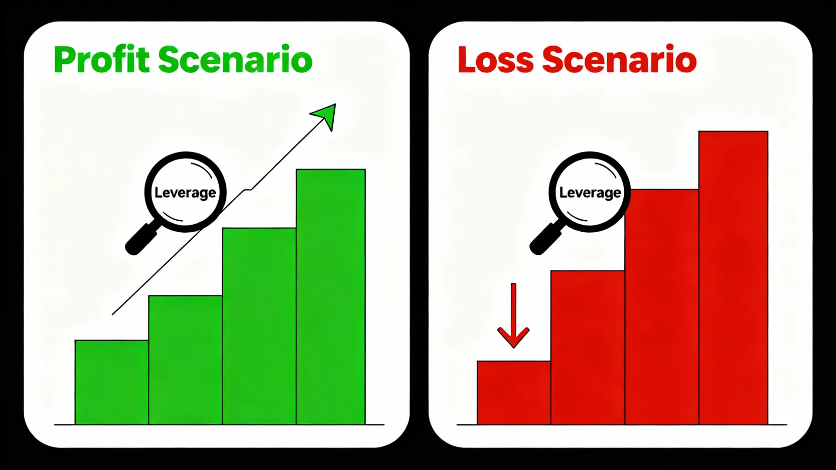 CFD差價合約是什麼?新手投資指南:一篇搞懂交易、風險與平台選擇 槓桿雙面刃風險圖,一半顯示槓桿放大獲利,另一半顯示槓桿以同樣倍數放大虧損。