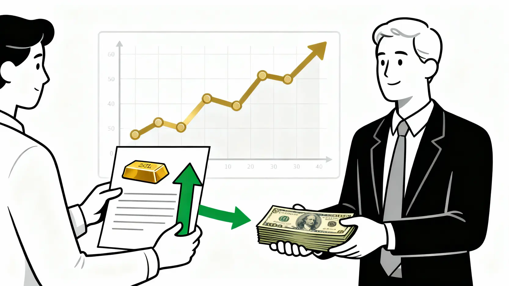 CFD差價合約是什麼?新手投資指南:一篇搞懂交易、風險與平台選擇 CFD差價合約運作原理示意圖,顯示投資者與經紀商只交易合約與價差,不涉及實體黃金。