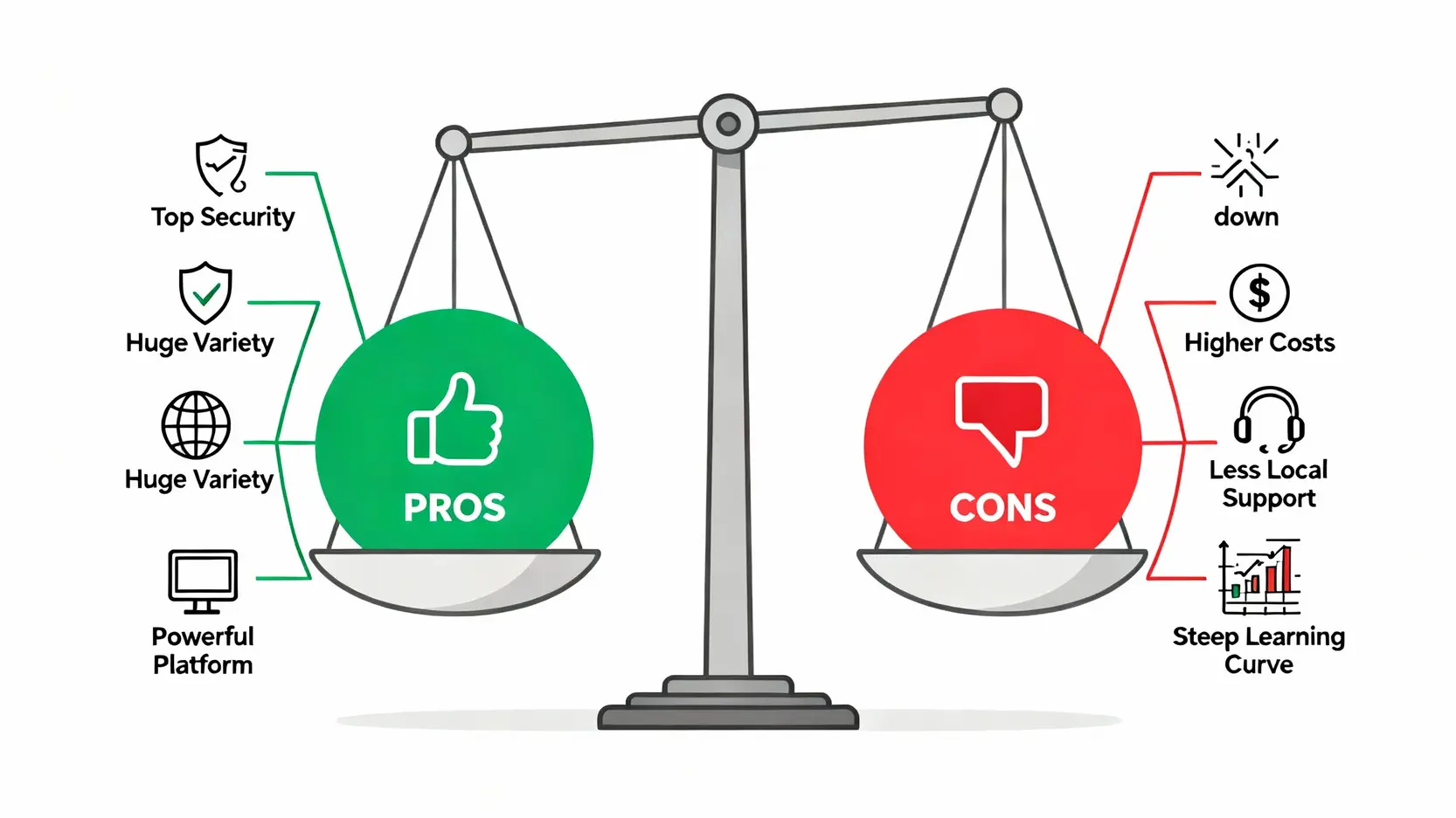 IGCFD評價與教學全攻略:開戶下單、平台安全性分析一篇搞定 一張天秤圖,左邊放著 IG 平台的優點,如高度安全、產品多元;右邊放著缺點,如交易成本較高、介面較複雜。