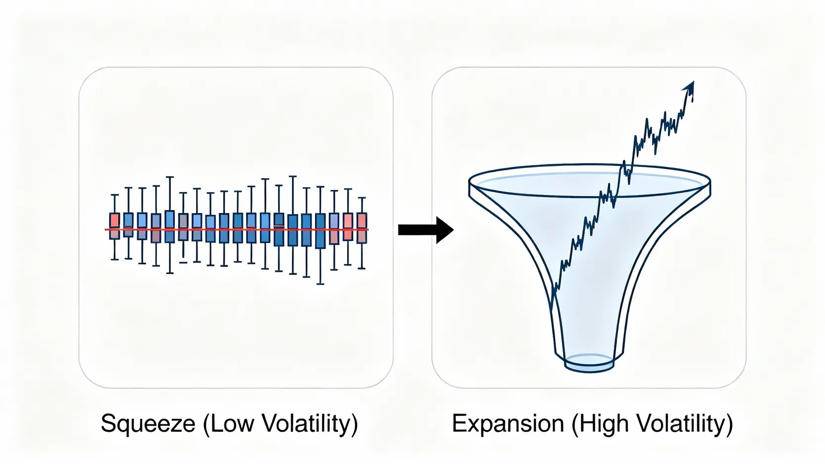 佈林帶終極指南:從帶寬收縮到超買超賣,5步驟掌握交易訊號 布林帶收縮與通道開口發散的對比圖,顯示波動率從低到高的轉變過程。