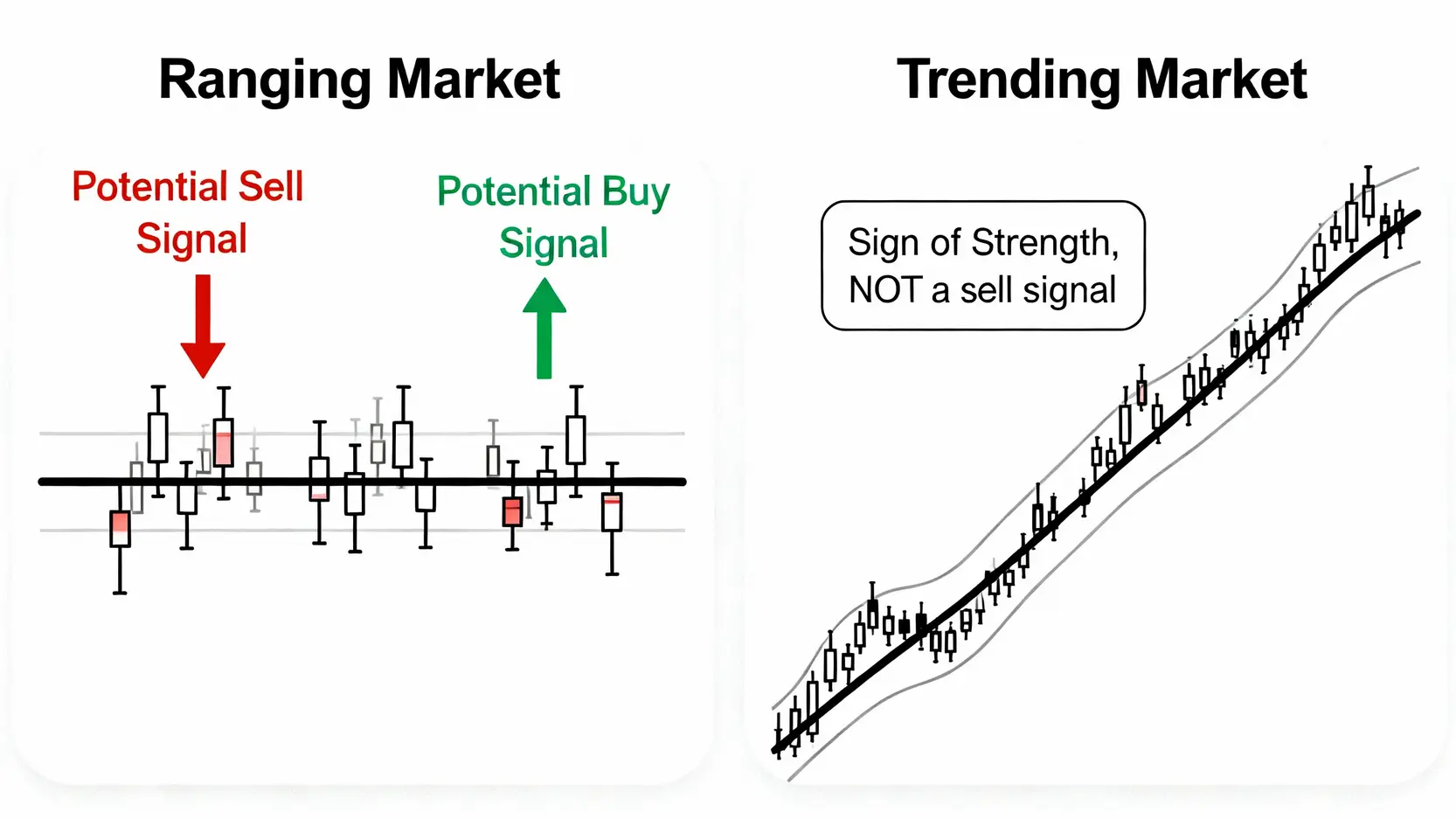 佈林帶終極指南:從帶寬收縮到超買超賣,5步驟掌握交易訊號 布林帶在盤整行情與趨勢行情中的不同交易策略對比圖。
