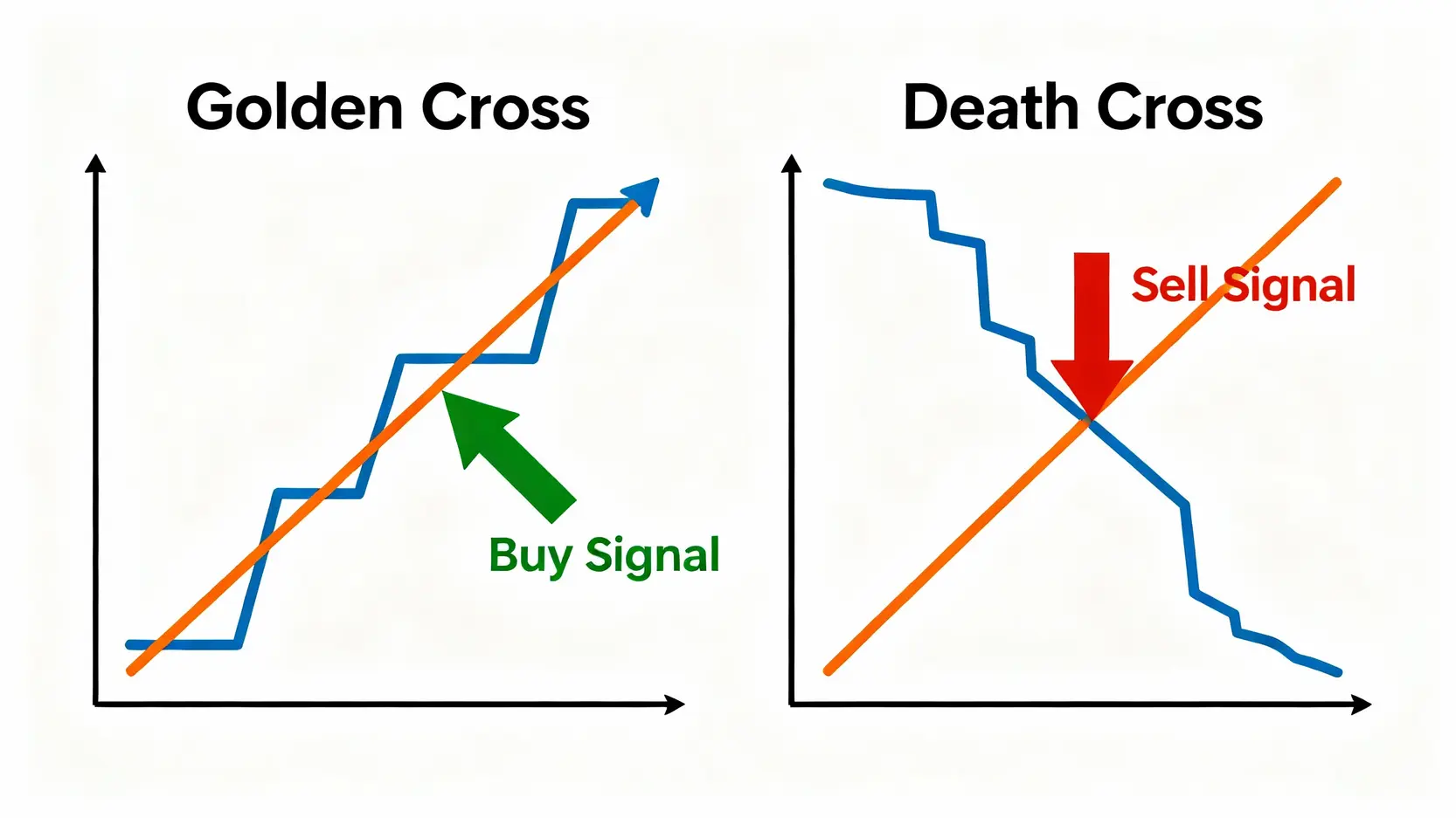 均線是什麼?SMA、EMA、WMA一次搞懂!新手投資必看指南 黃金交叉與死亡交叉的示意圖,顯示短期均線與長期均線的穿越關係。