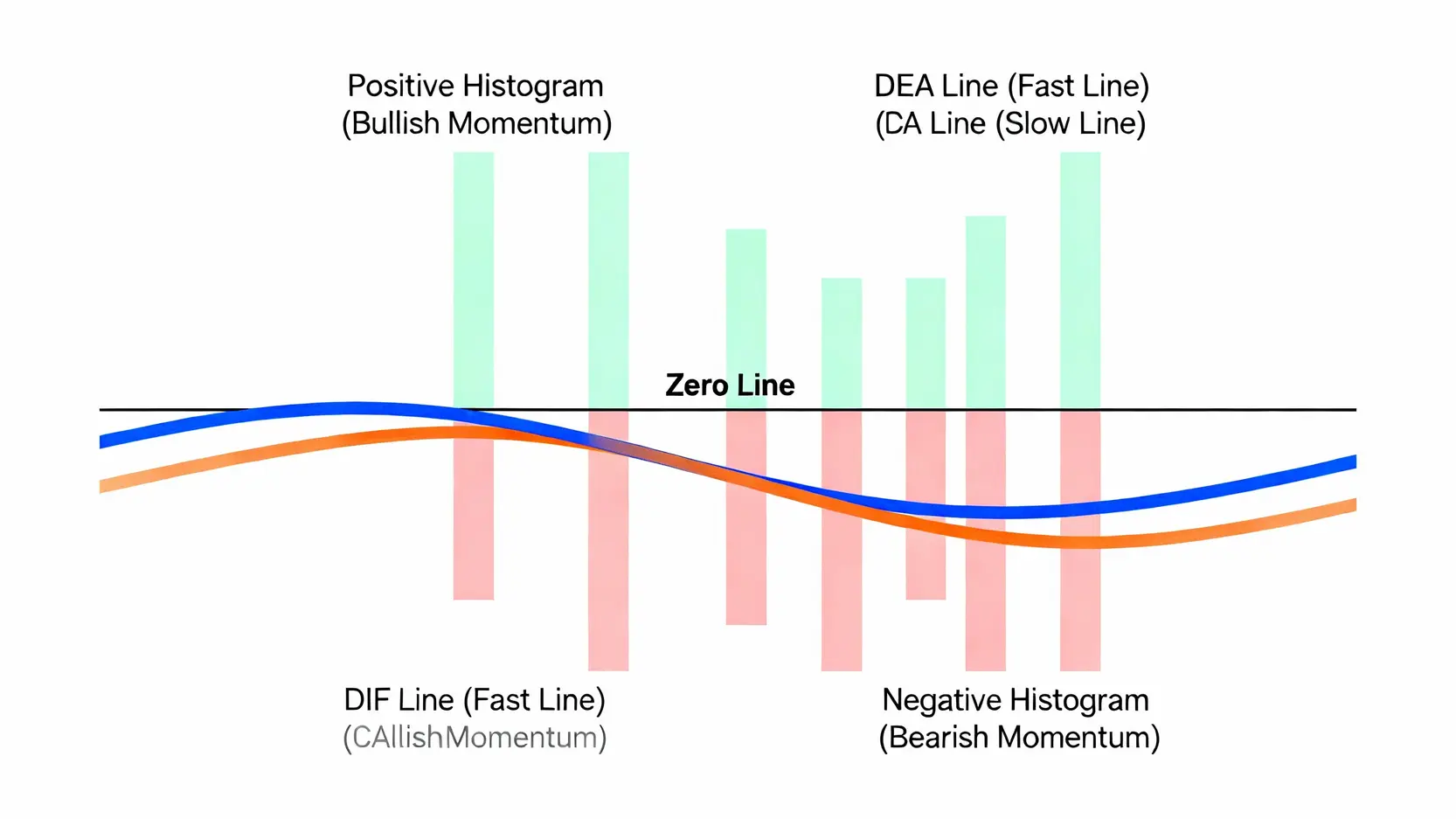 MACD指標教學:一篇看懂金叉、死叉與柱狀圖的實戰用法 MACD指標三大核心組成元素示意圖,包含快線DIF、慢線DEA、柱狀圖Histogram與零軸。