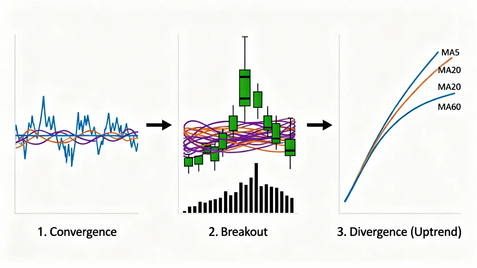 均線支撐與阻力終極指南:一篇搞懂MA5、均線粘合與買賣點判斷 一張流程圖,分為三階段,展示均線從粘合盤整,到帶量突破,再到向上發散形成多頭排列的完整過程。