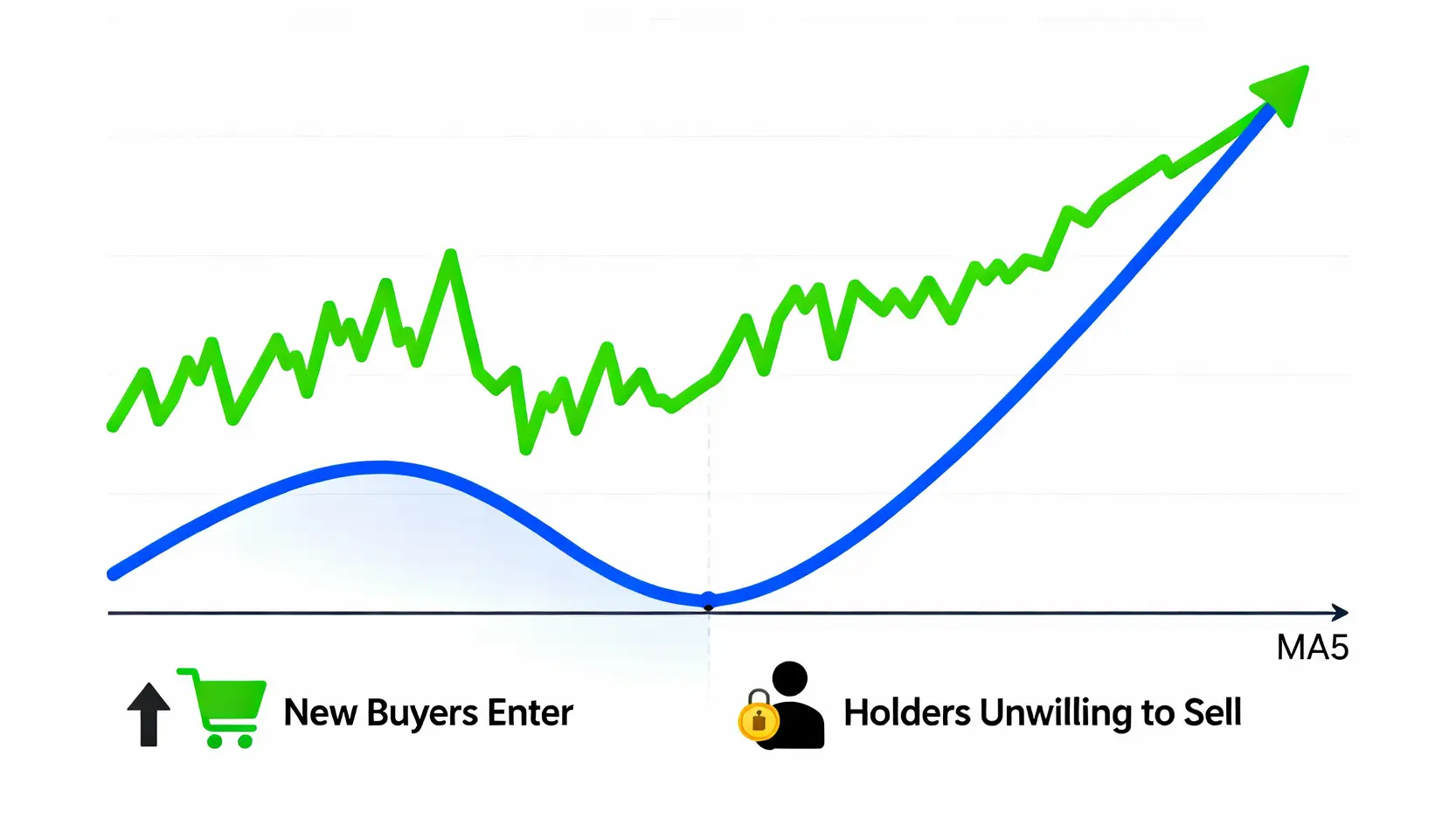 均線支撐與阻力終極指南:一篇搞懂MA5、均線粘合與買賣點判斷 一張圖解顯示股價在上漲趨勢中回檔觸及MA5均線,因新買盤進場與舊持有人惜售而形成支撐並反彈向上。