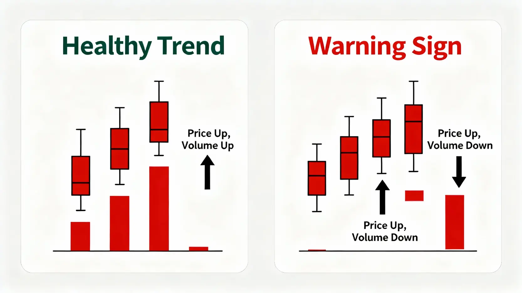 成交量怎麼看?從成交量堆積、均線到大單,一次看懂主力動向 價漲量增與價漲量縮的量價關係對比圖,左側為健康的看漲趨勢,右側為上漲力道減弱的警示訊號。