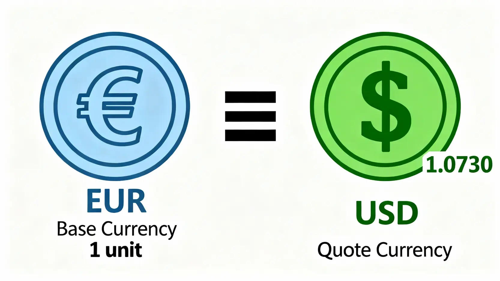 貨幣對是什麼?一篇搞懂英文、種類與新手交易策略【外匯入門】 歐元兌美元貨幣對的報價結構圖解,顯示1單位基準貨幣歐元等於1.0730報價貨幣美元。