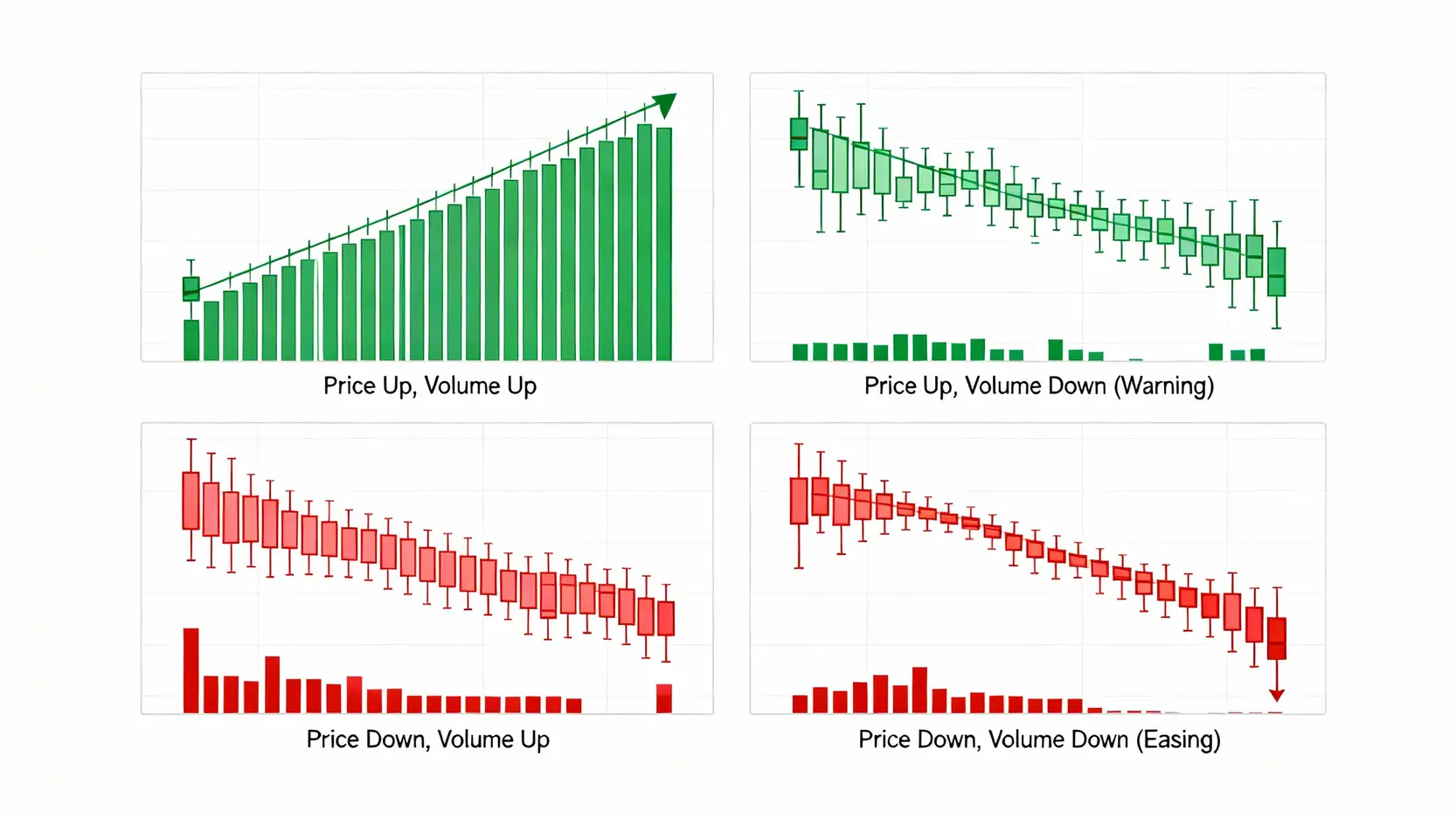 貨幣對歷史價格怎麼查?2026最新5大工具推薦(含歷史匯率與交易量查詢) 四種基本的量價關係示意圖,包含價漲量增、價跌量增、價漲量縮和價跌量縮。