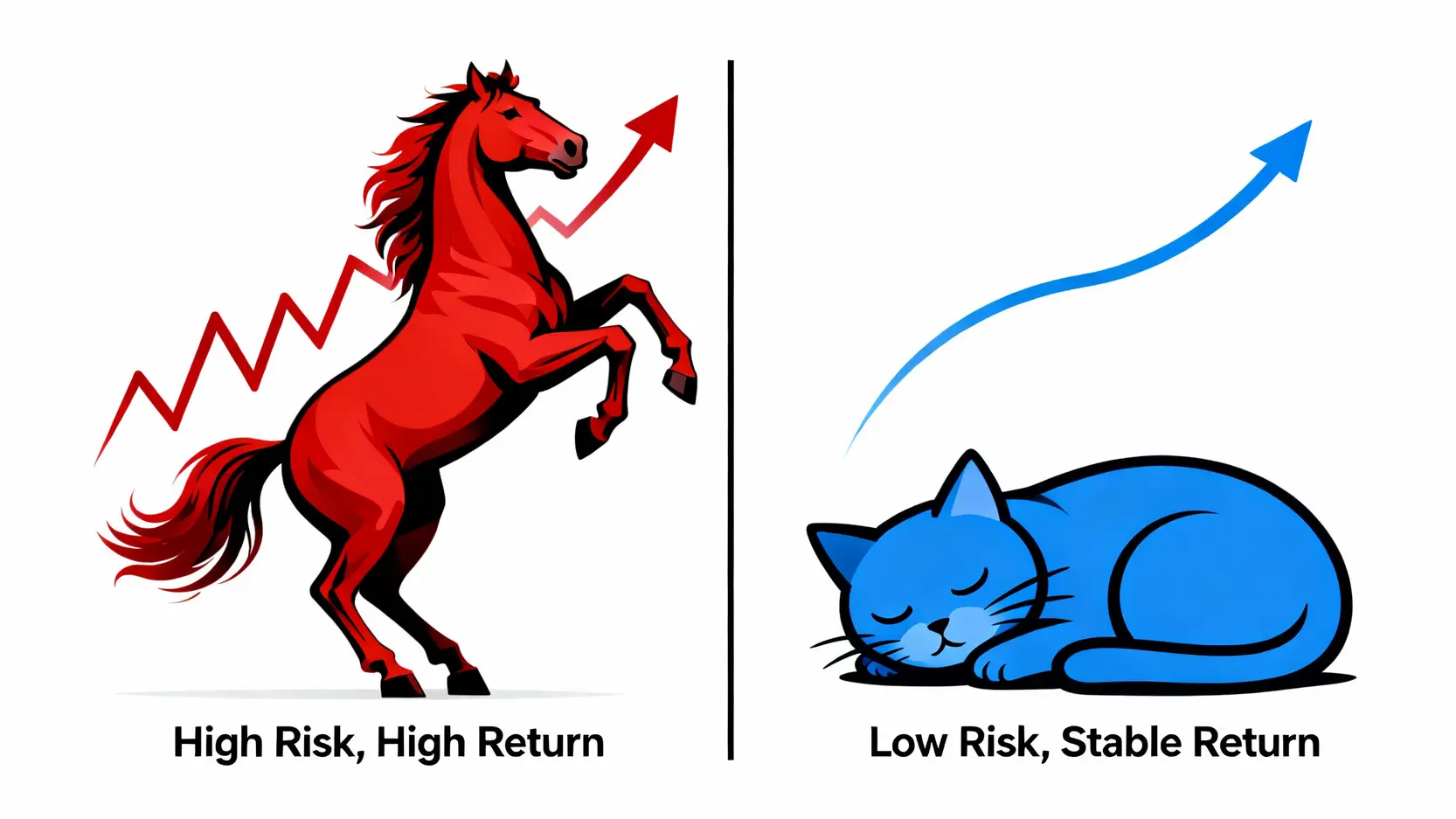 如何選擇貨幣對?新手指南:看懂波動性與相關性選對你的第一支外匯 一張對比圖,左邊是一匹代表高波動性的紅色野馬,右邊是一隻代表低波動性的藍色家貓,說明外匯貨幣對的風險差異。