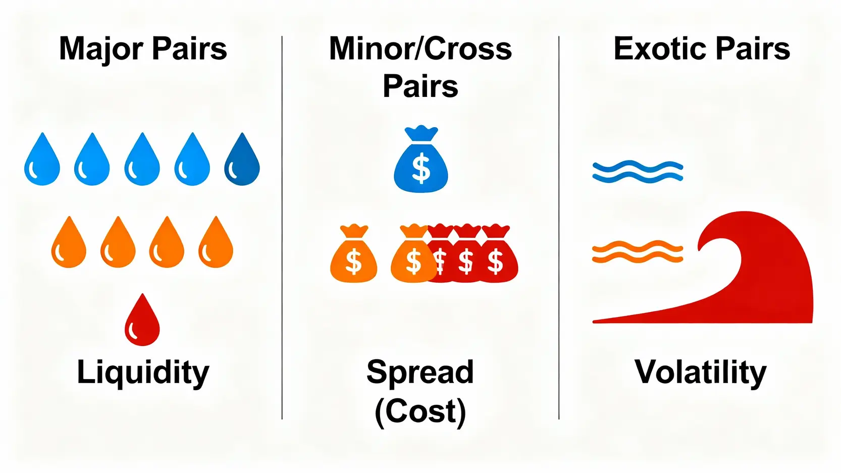 外匯貨幣對新手指南|一次搞懂主要、次要、交叉與外來貨幣對的區別與交易策略 主要、次要與外來貨幣對的核心指標對比圖,比較流動性、點差成本與波動性。