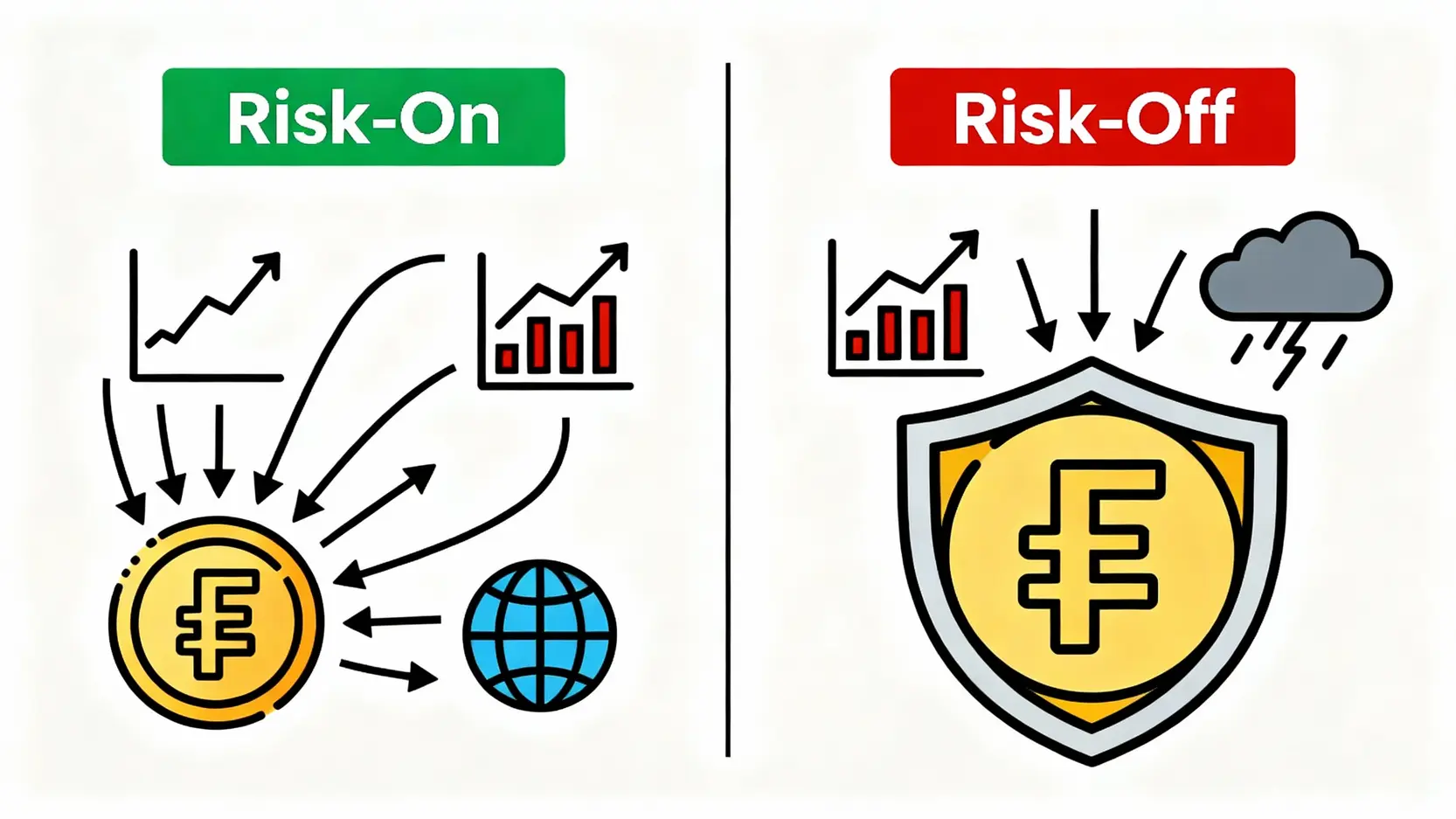 美元兌瑞郎(USD/CHF)投資懶人包:最新瑞郎貨幣對交易策略與分析 全球風險情緒下的資金流向圖,展示在風險偏好(Risk-On)與風險規避(Risk-Off)時期,資金如何流出或流入瑞士法郎。
