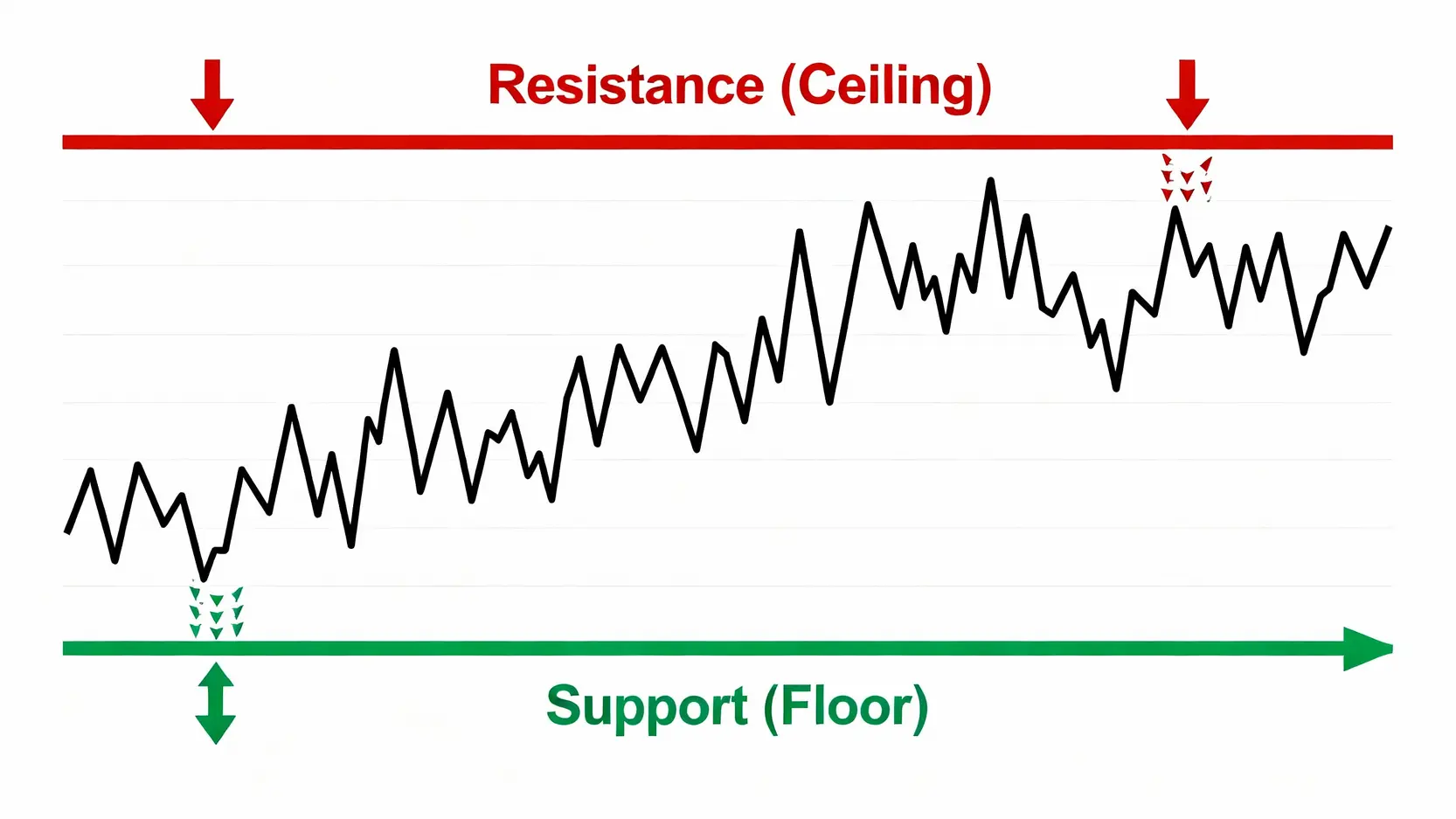 美元兌瑞郎(USD/CHF)投資懶人包:最新瑞郎貨幣對交易策略與分析 技術分析中的支撐與壓力位示意圖,顯示價格在一個區間內波動,底部為支撐位,頂部為壓力位。