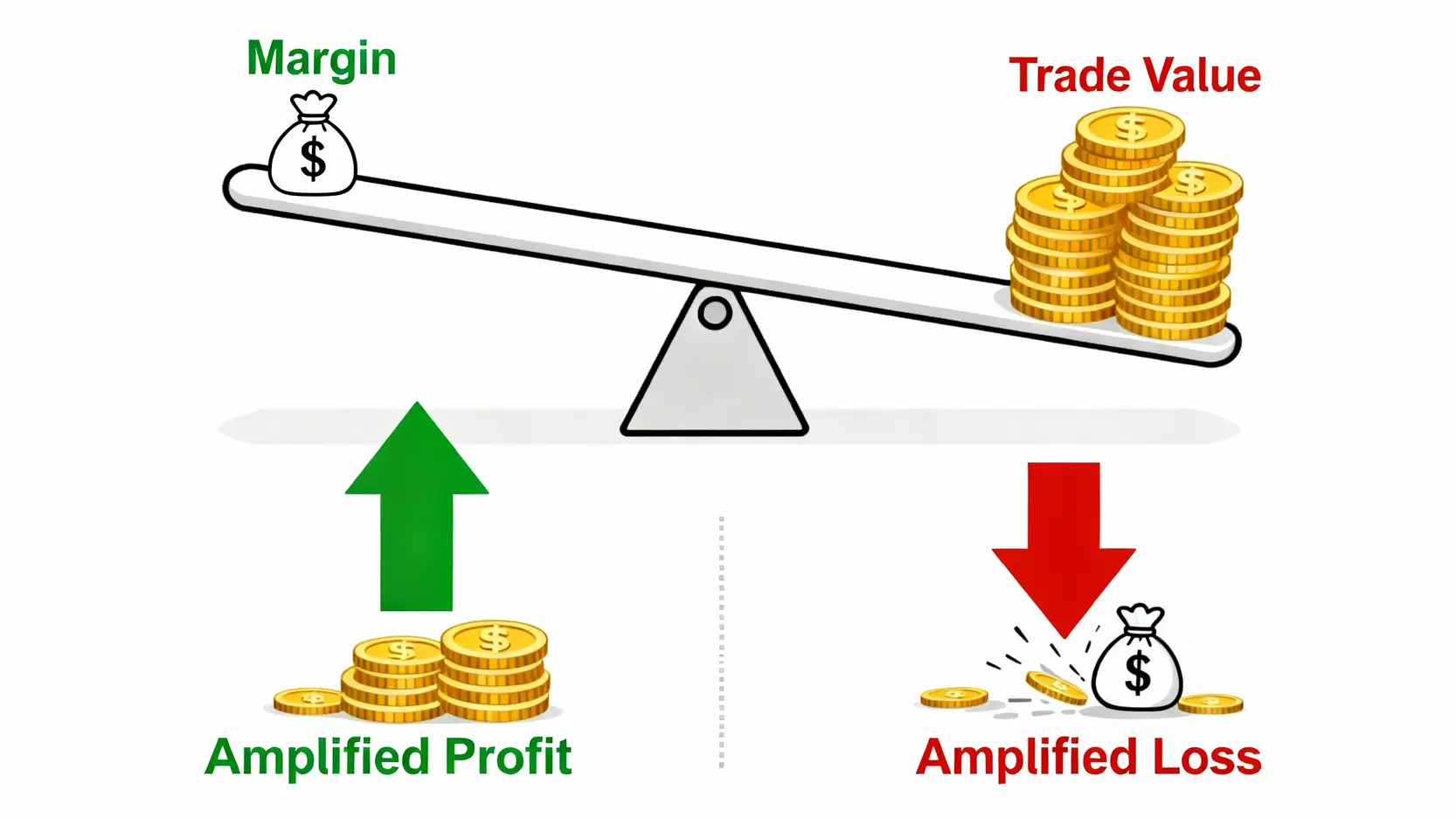 外匯貨幣對APP推薦TOP 5:一篇搞懂外匯保證金交易與平台選擇 外匯保證金交易中的槓桿原理示意圖,展示小額保證金如何同時放大潛在利潤與虧損。