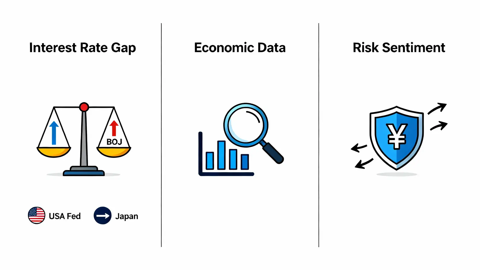 日圓貨幣對懶人包:美元兌日圓、常見交叉盤交易策略一篇搞懂 影響美元兌日圓走勢的三大關鍵因素圖示:利差政策、經濟數據與市場避險情緒。