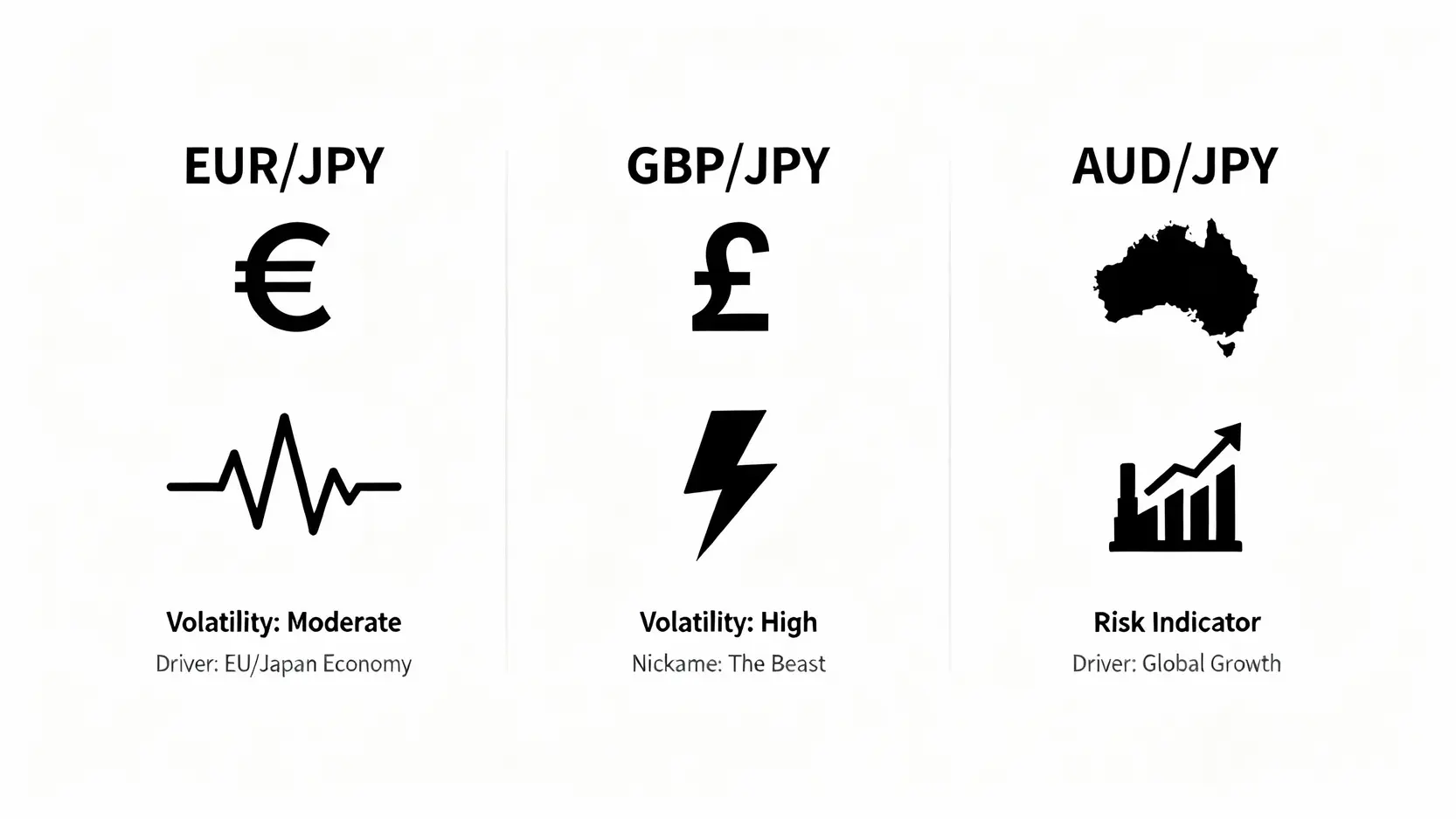 日圓貨幣對懶人包:美元兌日圓、常見交叉盤交易策略一篇搞懂 三大日圓交叉盤特性對比圖:歐元兌日圓、英鎊兌日圓、澳幣兌日圓的波動性與關鍵驅動因素比較。