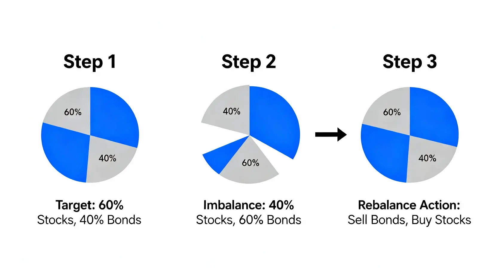 熊市投資策略:熊市怎麼辦?5個空頭市場操作與避險標的推薦 一張說明資產再平衡過程的三步驟示意圖。第一步是目標配置的60%股票40%債券餅圖,第二步是熊市導致比例失衡變為40%股票60%債券,第三步是透過賣出債券買入股票,將比例恢復到原始目標。