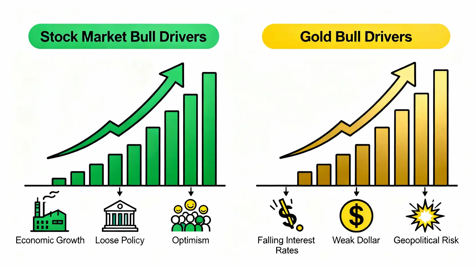 美股牛市還能走多遠?從美國最長牛市歷史看懂3大投資訊號 美股牛市與黃金牛市驅動因子對比圖,顯示兩者底層邏輯的差異。