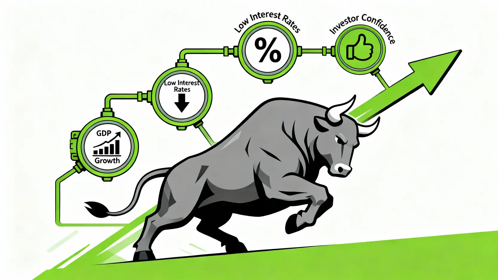 美股牛市還能走多遠?從美國最長牛市歷史看懂3大投資訊號 驅動牛市的三大引擎示意圖,包含強勁經濟成長、寬鬆貨幣政策與正向市場信心。