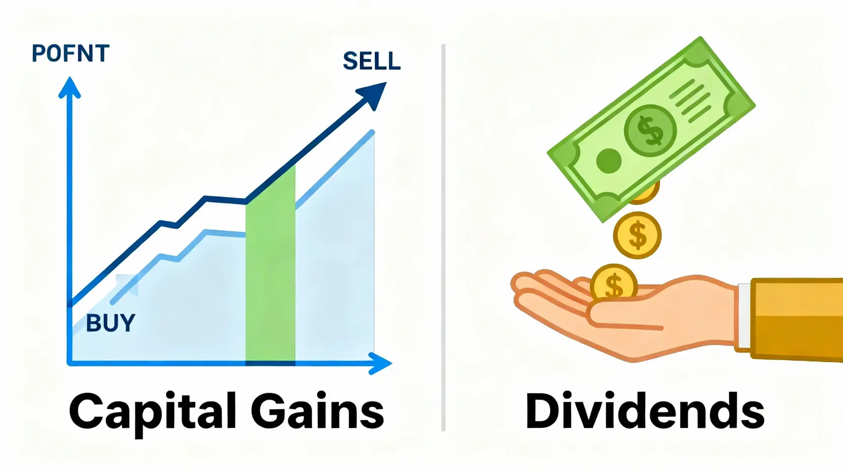 大牛市投資策略全解析:搞懂3大特徵與5招,讓股票為你瘋狂賺錢! 股票獲利的兩種方式對比圖:左邊是代表低買高賣的資本利得(價差),右邊是代表長期持有領取公司分紅的股息。