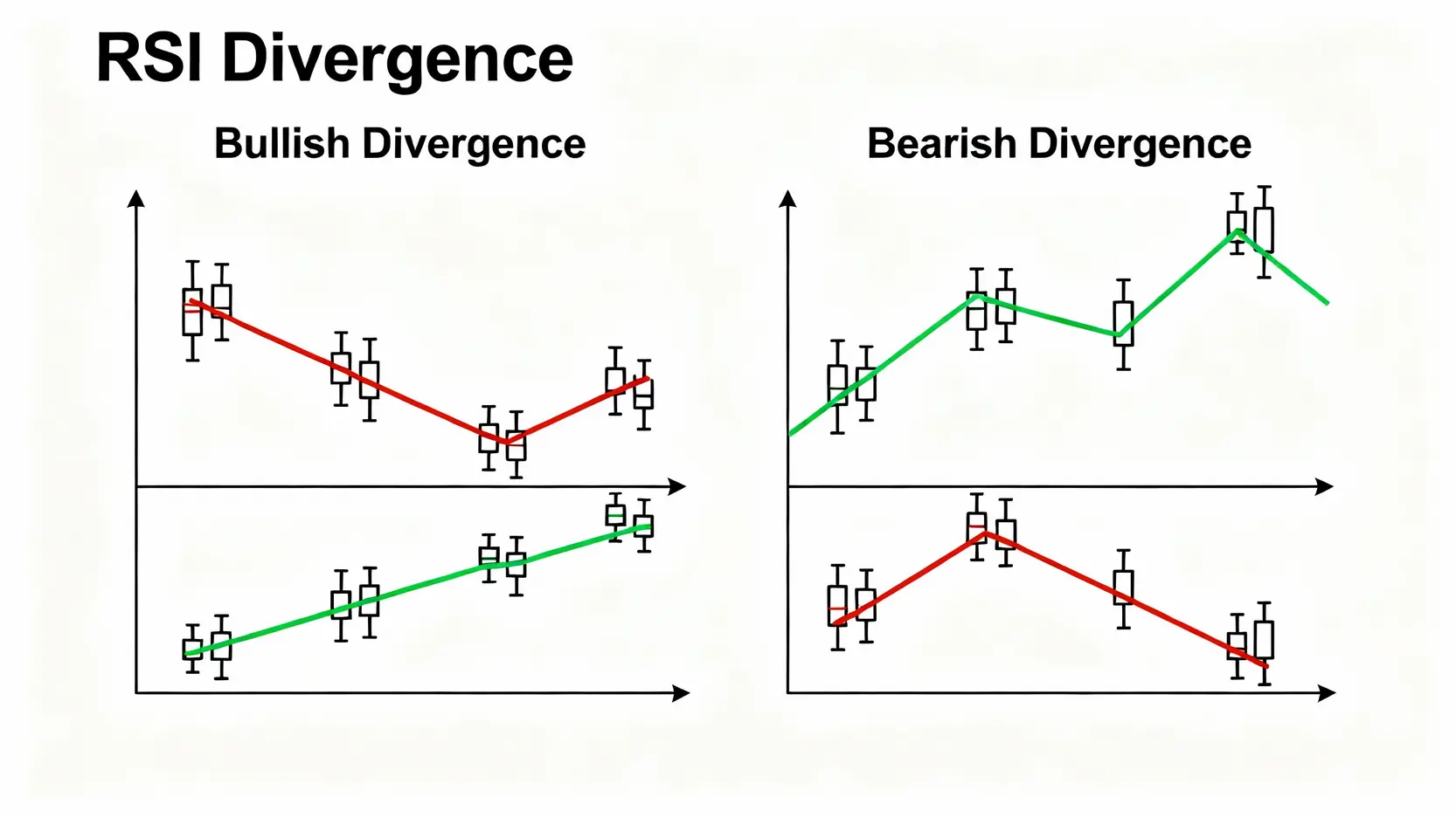 【RSI完整教學】相對強弱指數怎麼看?從RSI公式到背離,抓準買賣點! RSI背離圖解,包含牛市背離(價格創新低,RSI未創新低)與熊市背離(價格創新高,RSI未創新高)的對比。