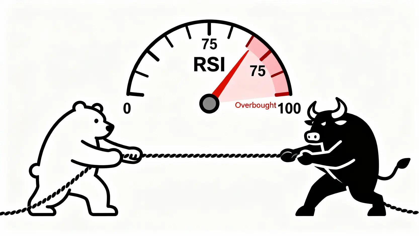 【RSI完整教學】相對強弱指數怎麼看?從RSI公式到背離,抓準買賣點! RSI指標概念圖,呈現多頭(牛)與空頭(熊)之間的力道拔河,中間的儀表顯示市場強度。