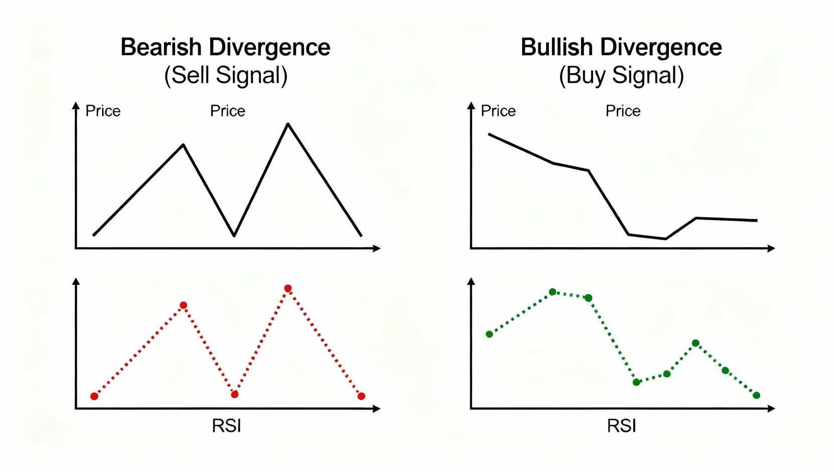 RSI指標教學:從超買超賣到黃金交叉、背離,5大訊號抓準買賣點 RSI背離訊號圖解,包含頂背離(熊背離)和底背離(牛背離)。頂背離顯示價格創新高而RSI未創新高,為賣出警訊。底背離顯示價格創新低而RSI未創新低,為買入機會。